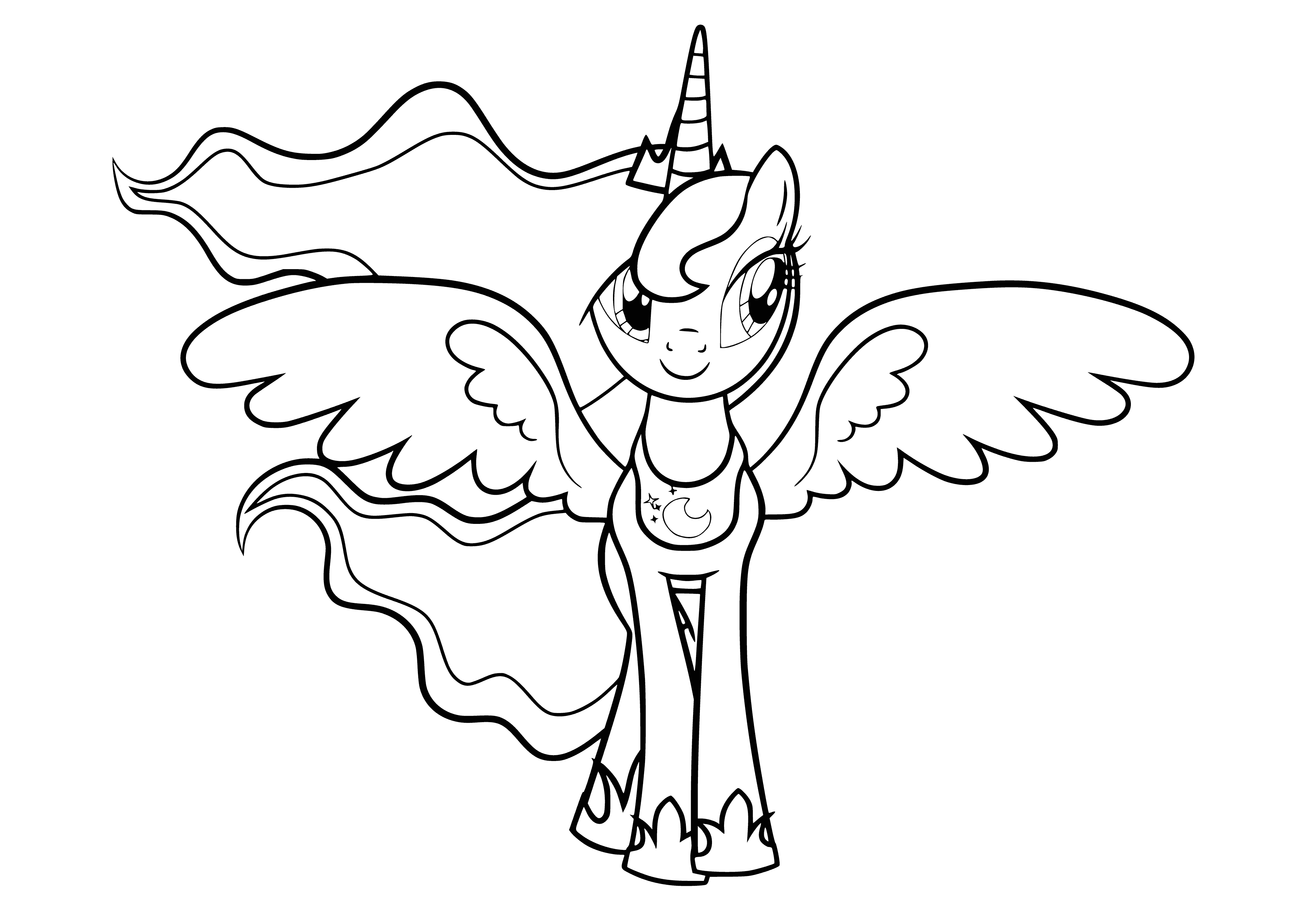 coloring page: Princess Luna, regal & serene, has silver & blue mane/tail, deep blue body & shining crescent moon. She's ready to take on the night!