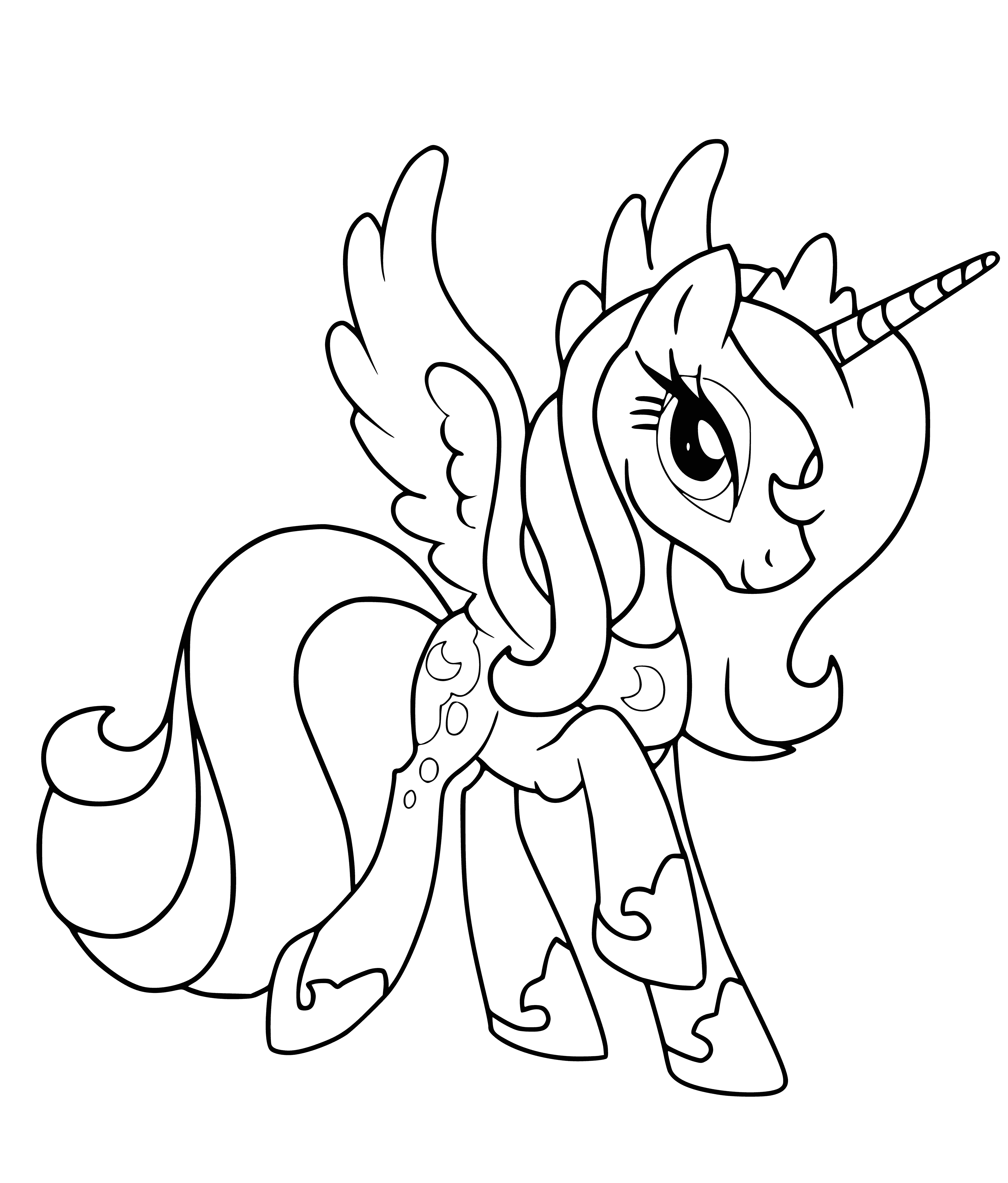 coloring page: Princess Luna is a pony who looks like the night sky with blue body/mane/tail, bright blue eyes and a silver crown.