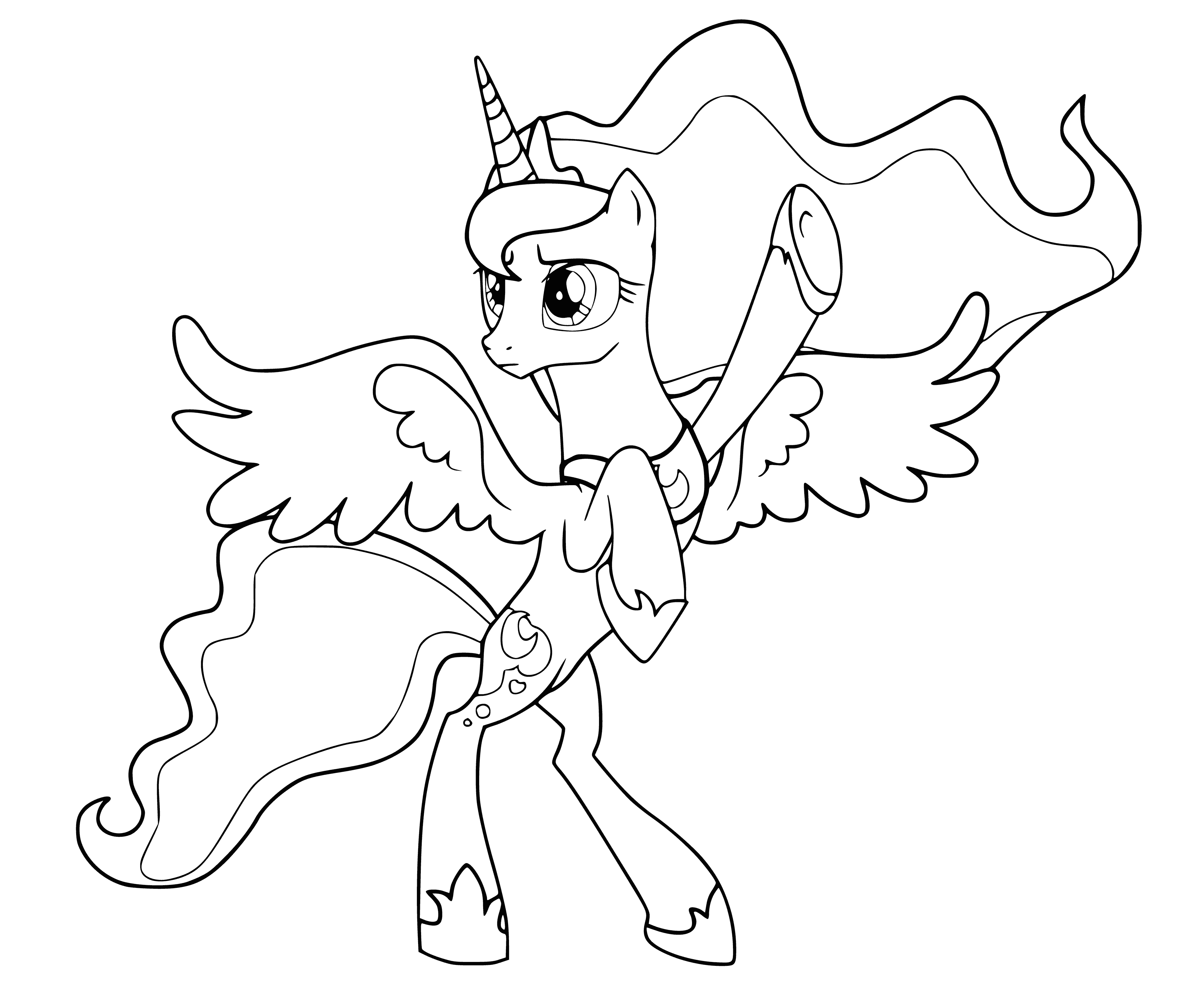 coloring page: The princess has long blue hair & a blue dress with silver crown. She holds an ivory staff & wears a silver necklace and light blue cape with stars.