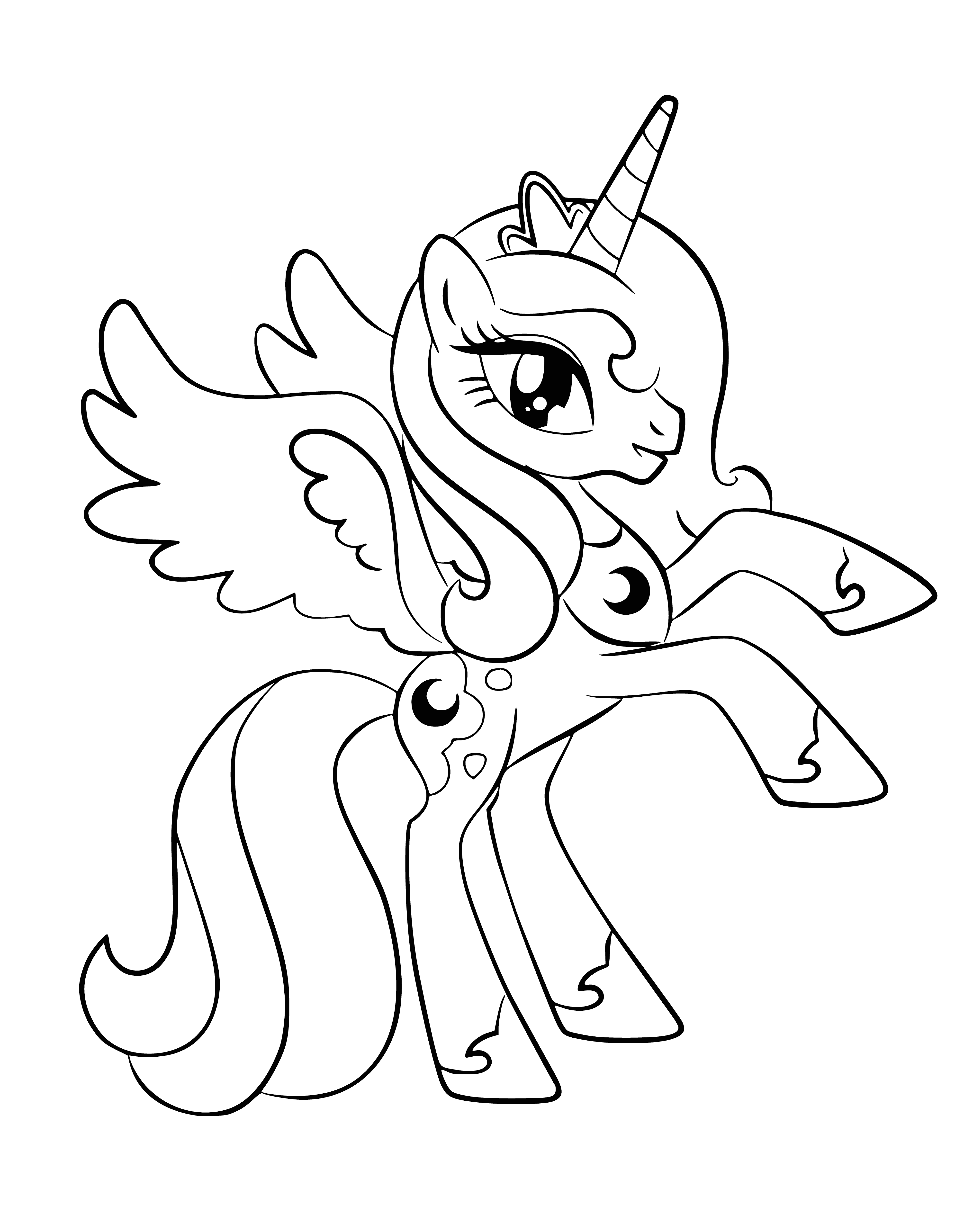coloring page: The Princess Luna stands in a beautiful night sky with stars shining bright, a full moon, and her blue crescent moon forehead. Surrounded by beauty, she looks up at the moon with a gentle expression.