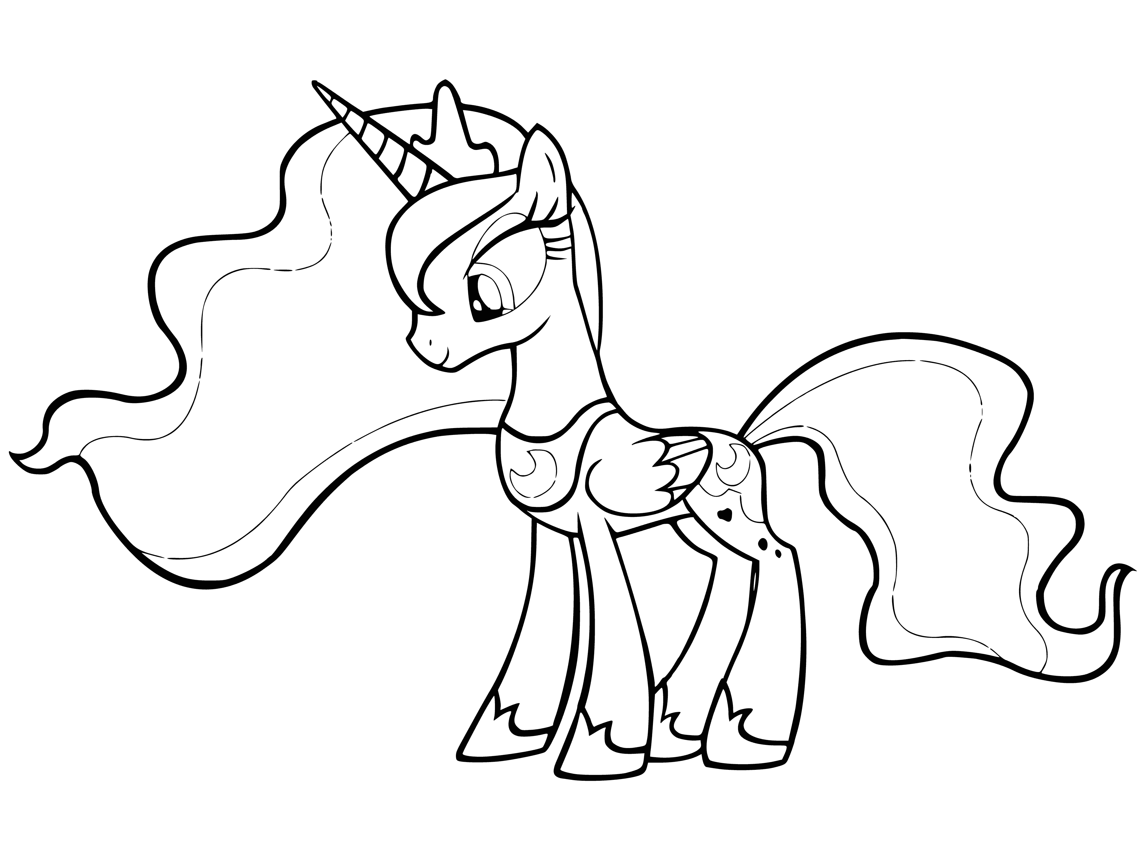 coloring page: Princess Luna has a long mane & tail with a white crescent moon on her forehead, wearing a golden tiara & blue cape, standing on golden platform with 2 blue moons in background.