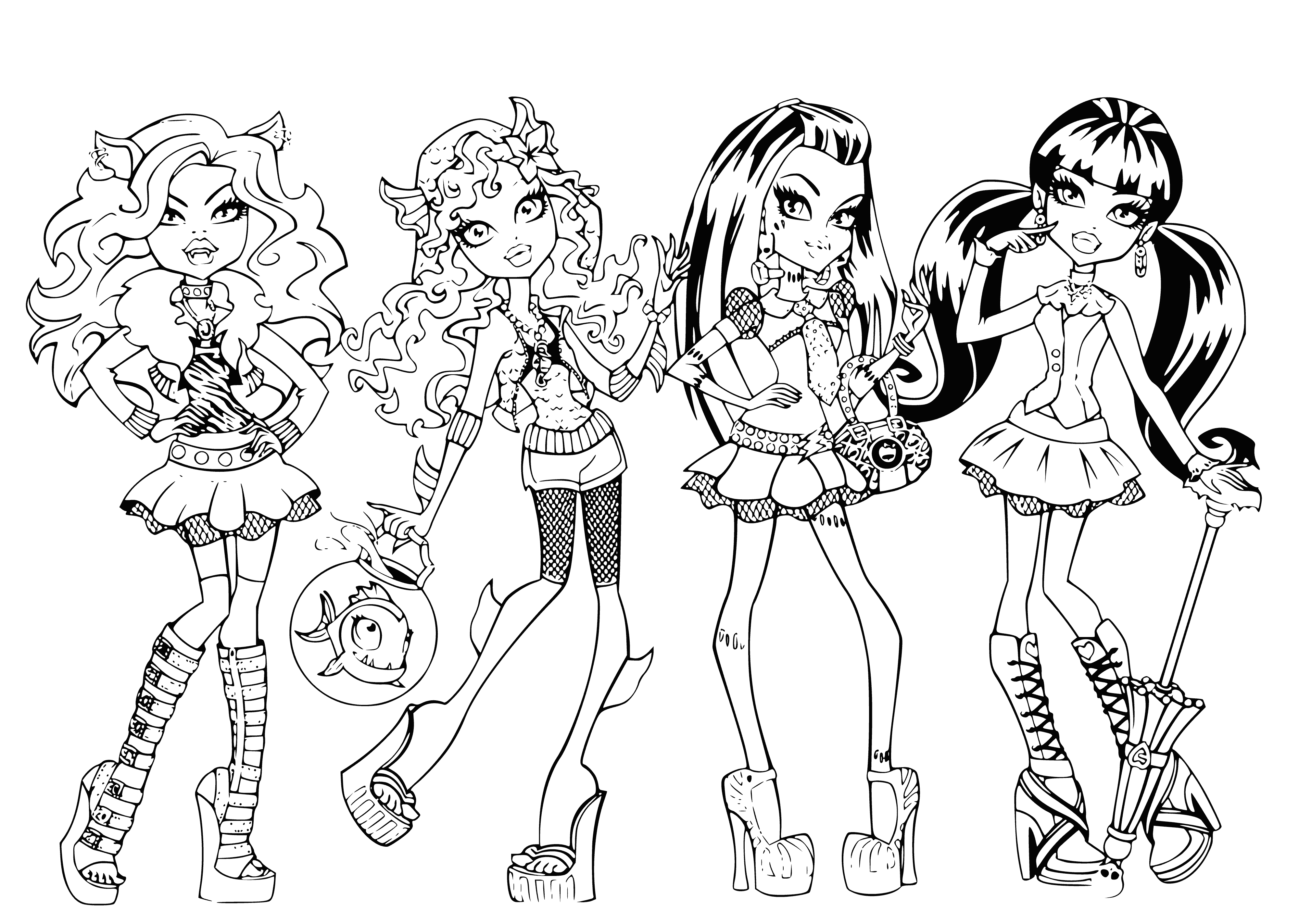 Colorear con los personajes de Monster High: chicas con ropa elegante