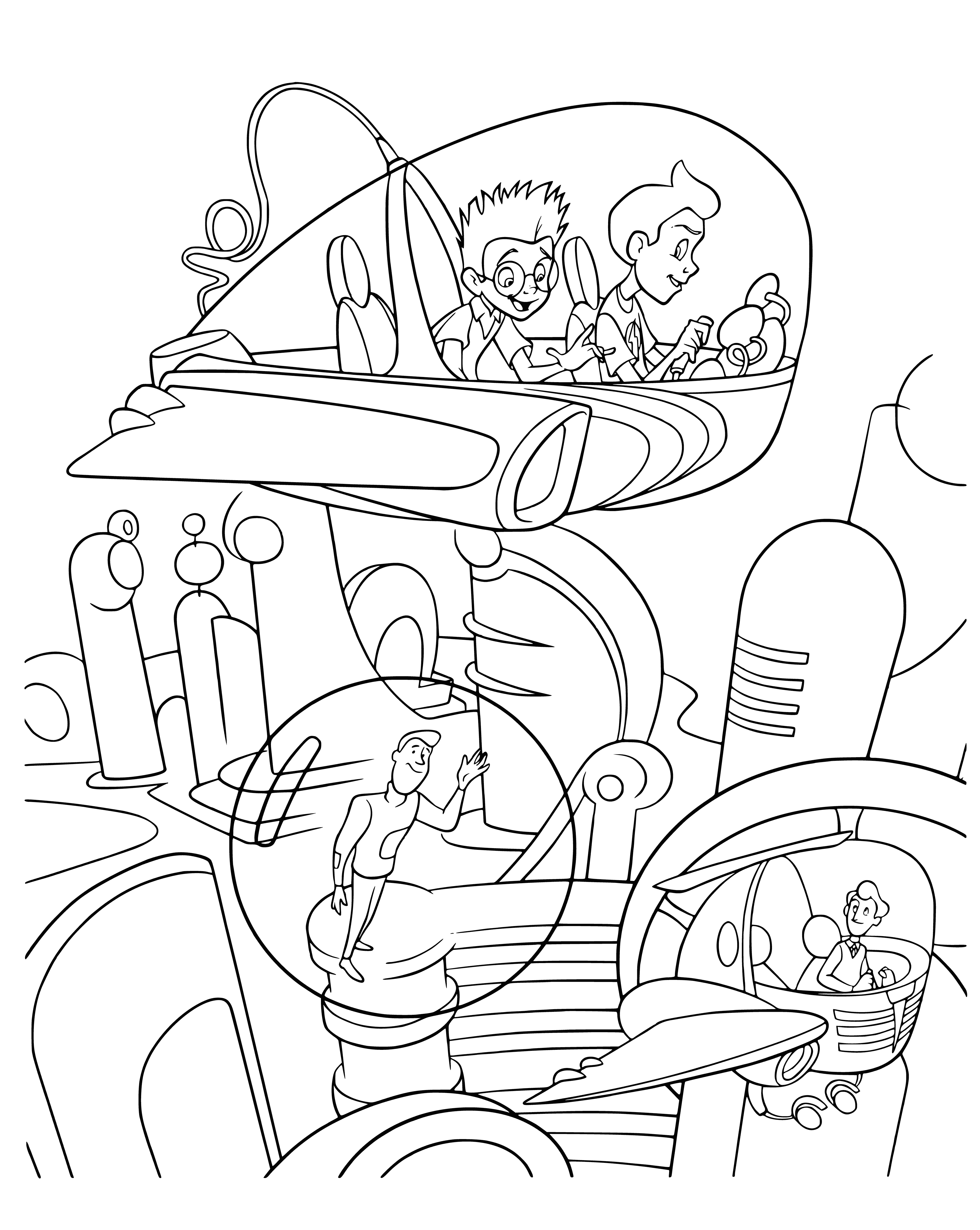 coloring page: Color the time machine from Meet the Robinsons!: Large, round, silver machine with glass dome & red doors. Silver cylindrical tanks, stairway, control panel & metal fence. #coloringpage #MeettheRobinsons