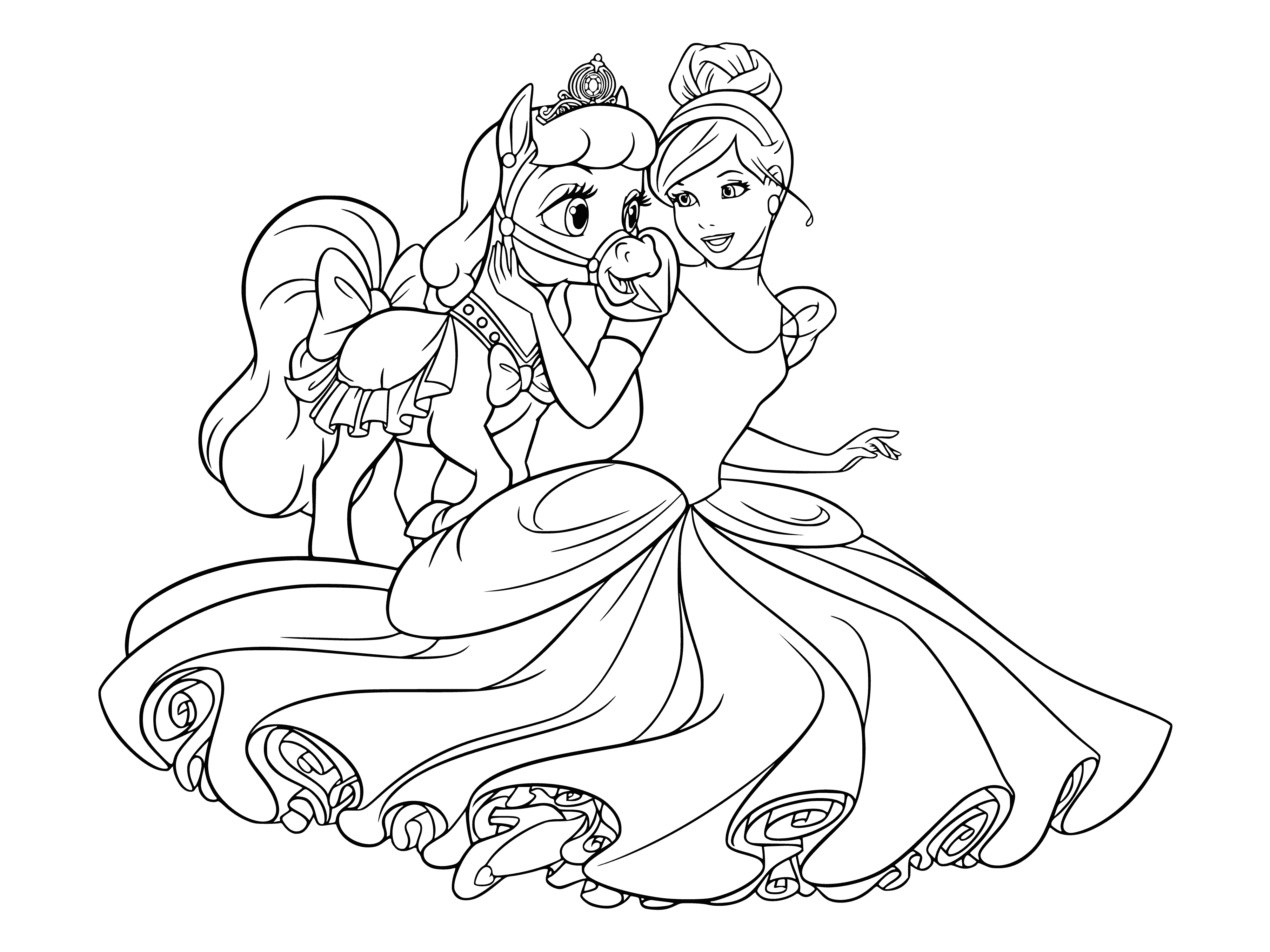 coloring page: Cinderella stands with a white and black spotted dog wearing a bow-collared. #Cinderella #Dog #ColoringPage