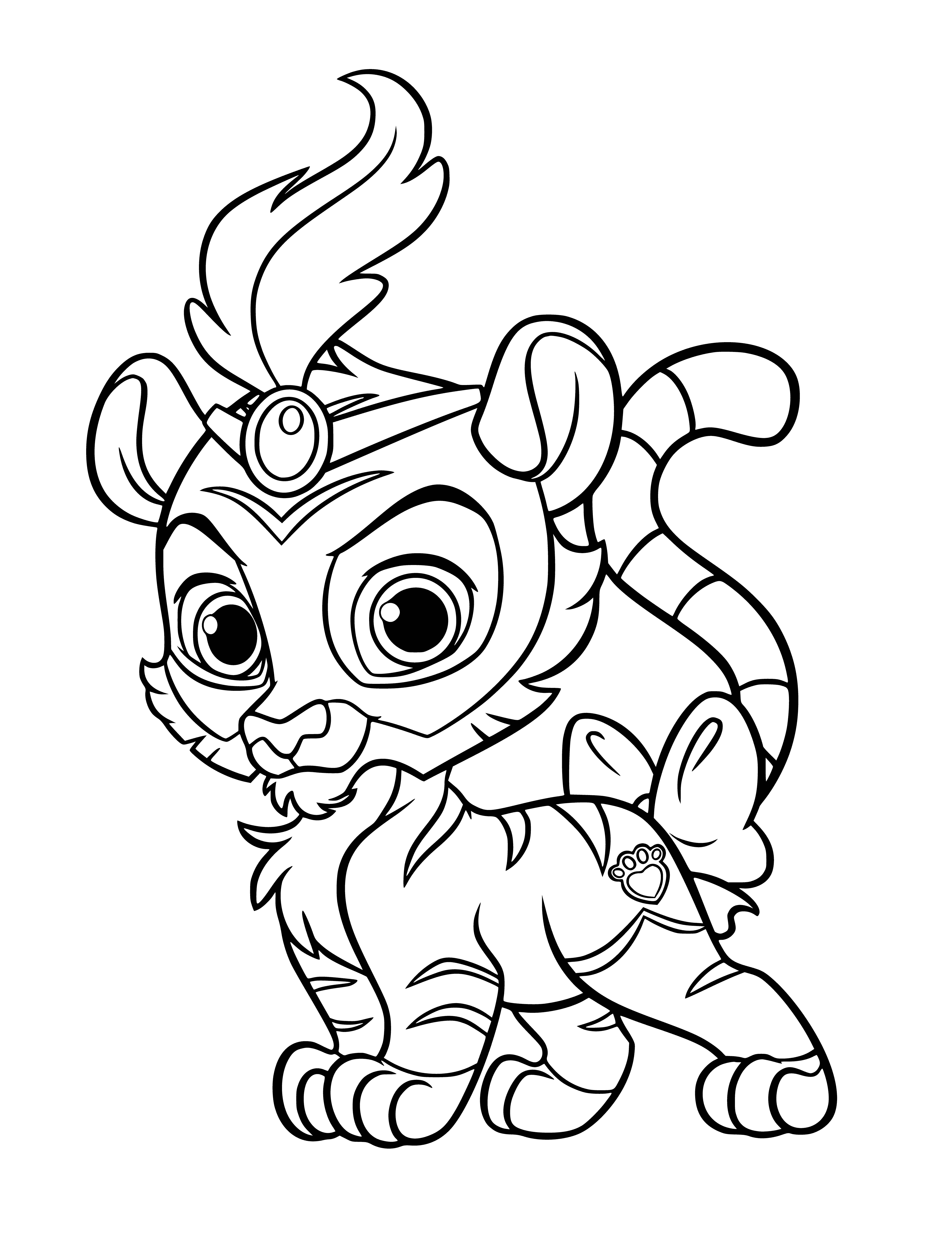 coloring page: Tiger cub Sultan has a light brown coat & pet Jasmine is white with black spots. They look full of energy & sit calmly next to each other.