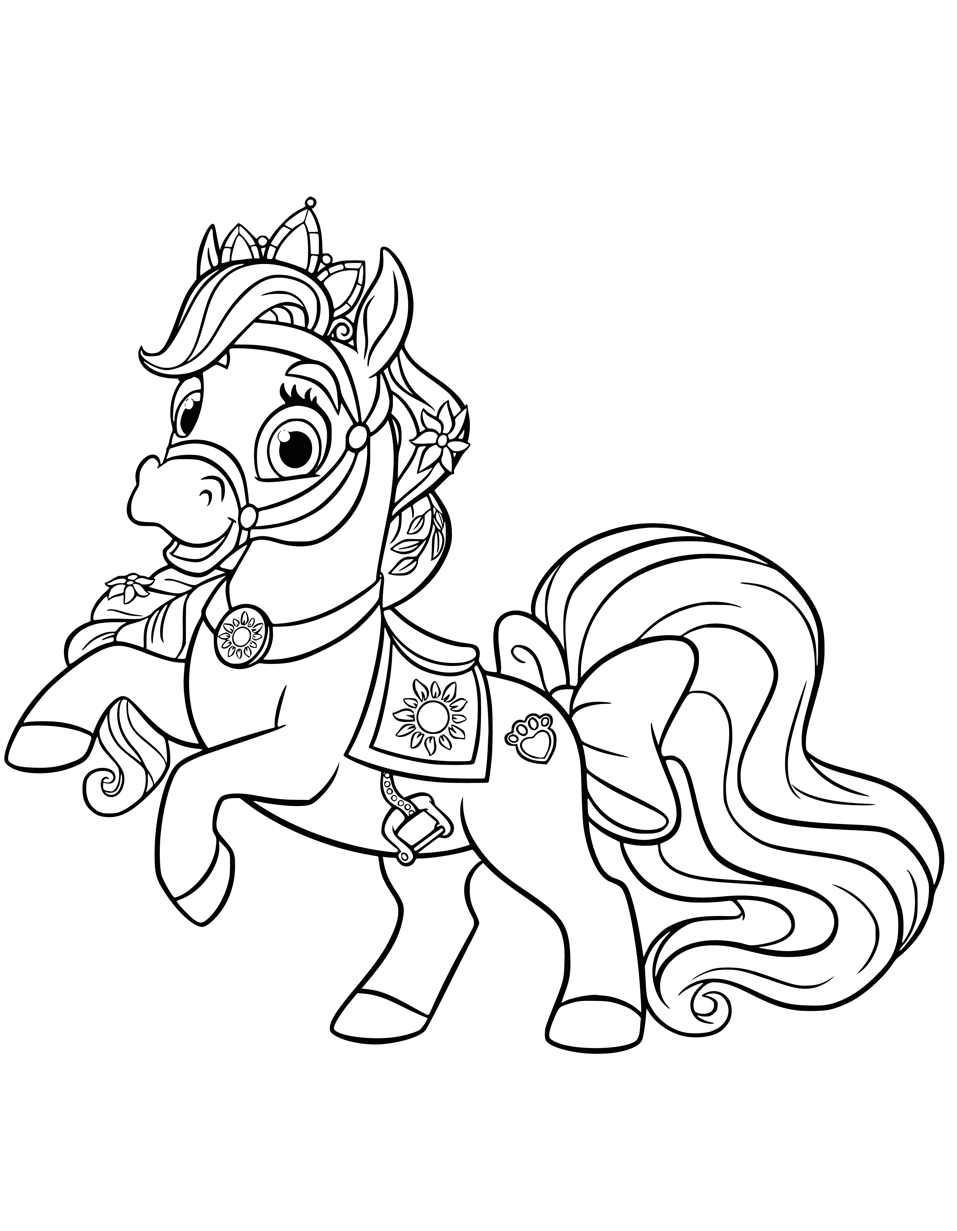 coloring page: Rapunzel petting Pony Asterisk, a light brown pet with a white star and long, blonde mane and tail wearing a pink saddle and purple blanket.