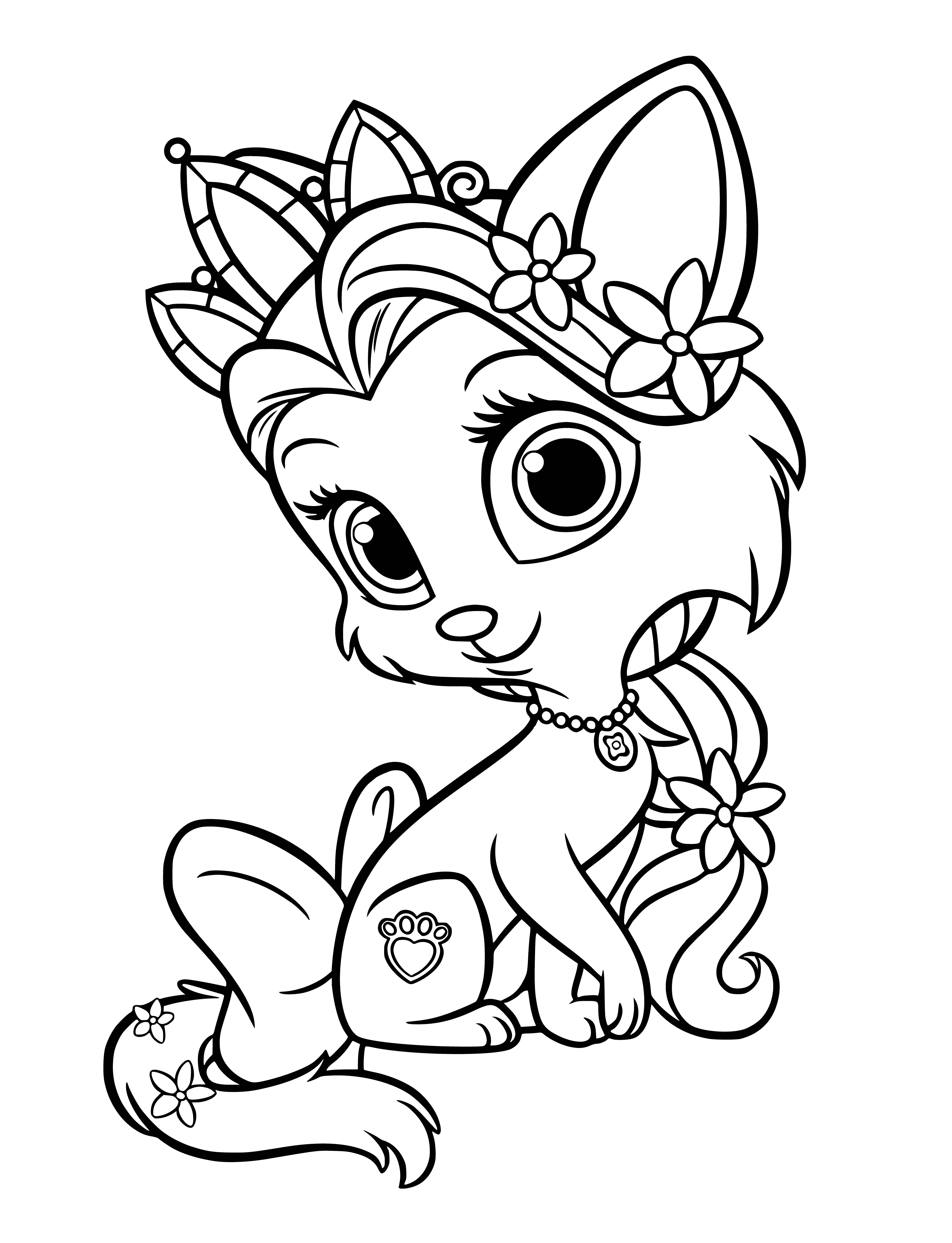 coloring page: Princess Rapunzel's pet, Sunny - a black kitten with yellow eyes - is sitting in a basket in the coloring page.