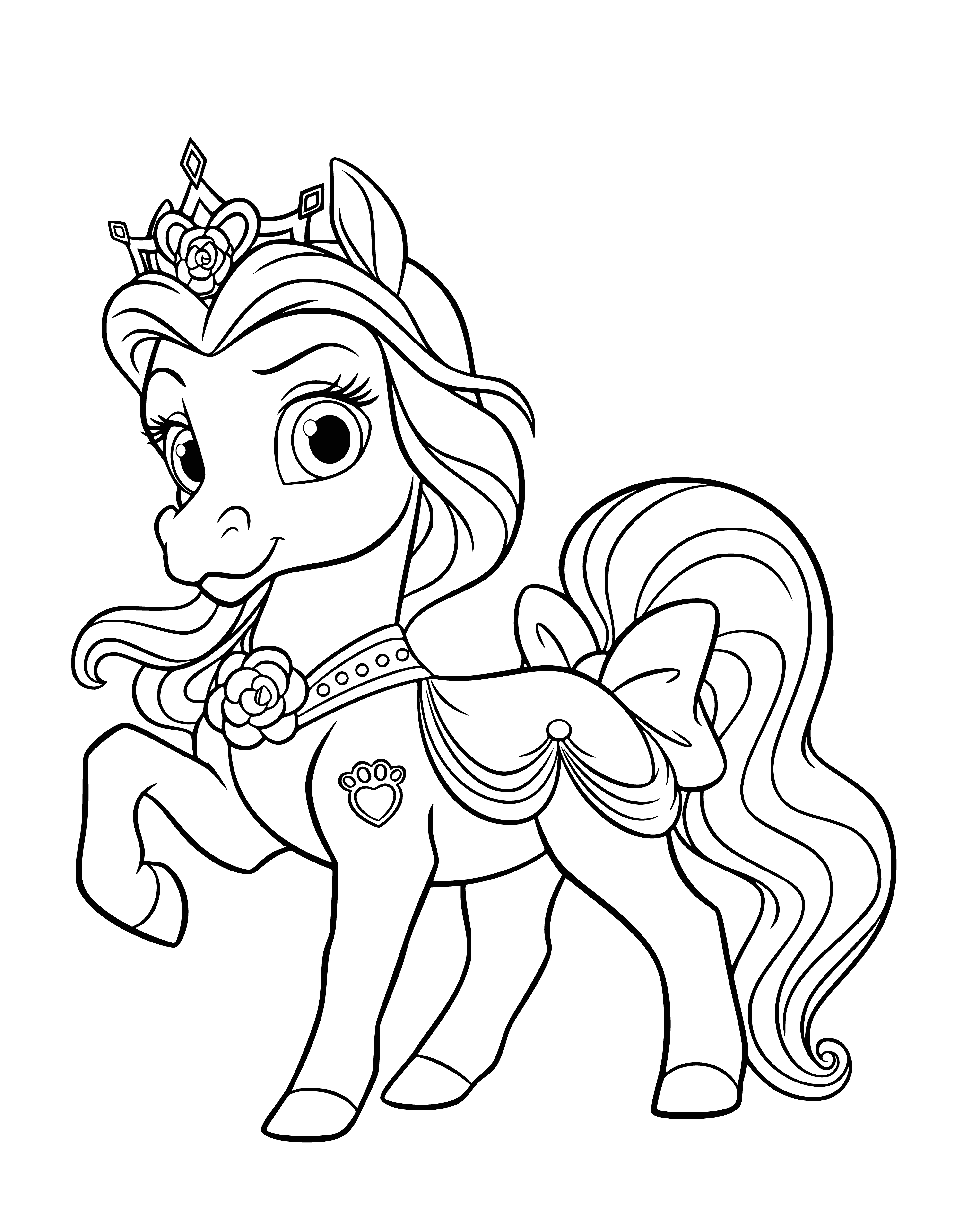 coloring page: Brown & white pony and black & white pet belle standing on a grassy field with trees in the background.