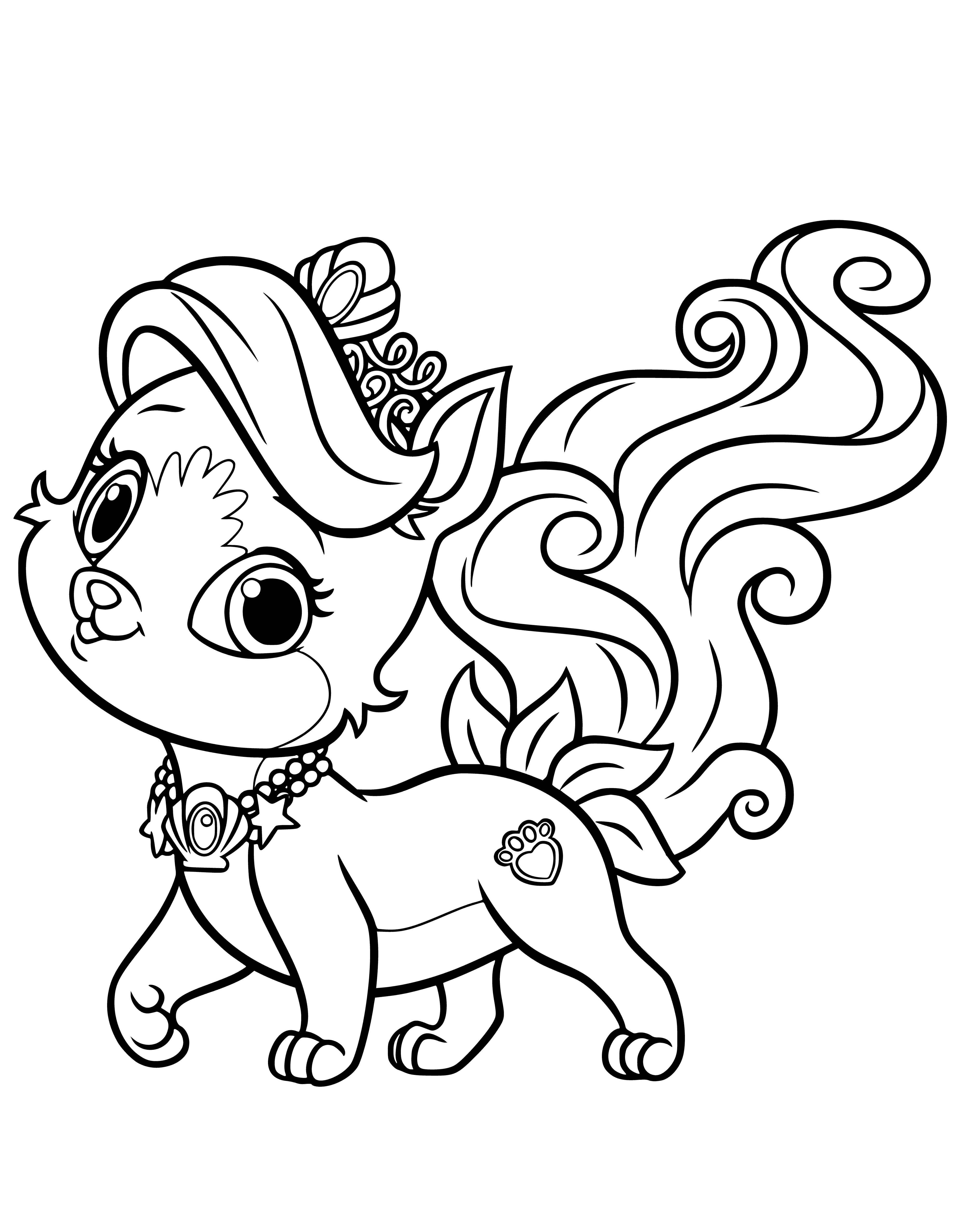 coloring page: Kitten Zhemchuzhinka and Pet Ariel are two royal pets, each wearing a jeweled collar and gold crown.