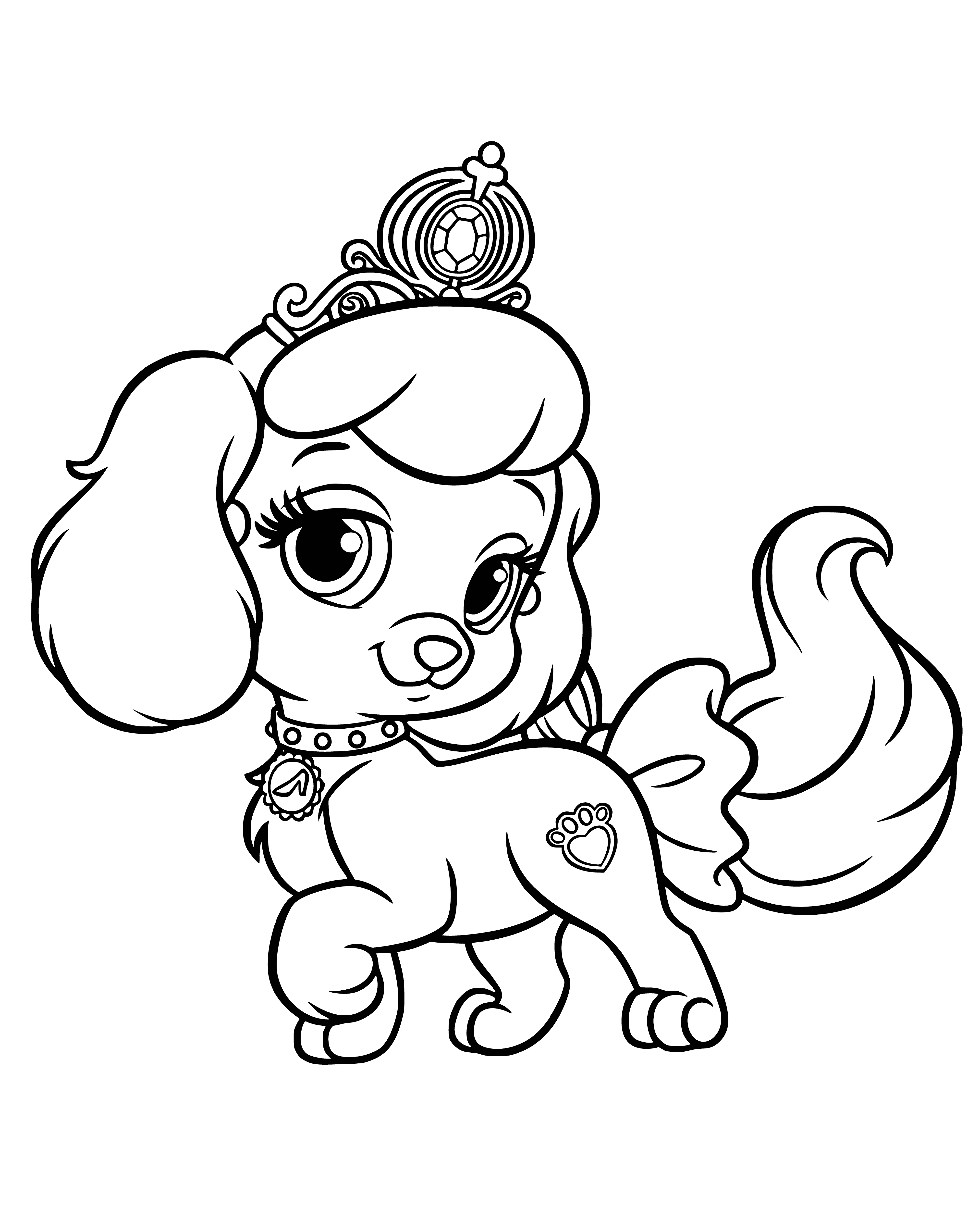 coloring page: Cute pup Pumpkin has bow & sits on carpet.