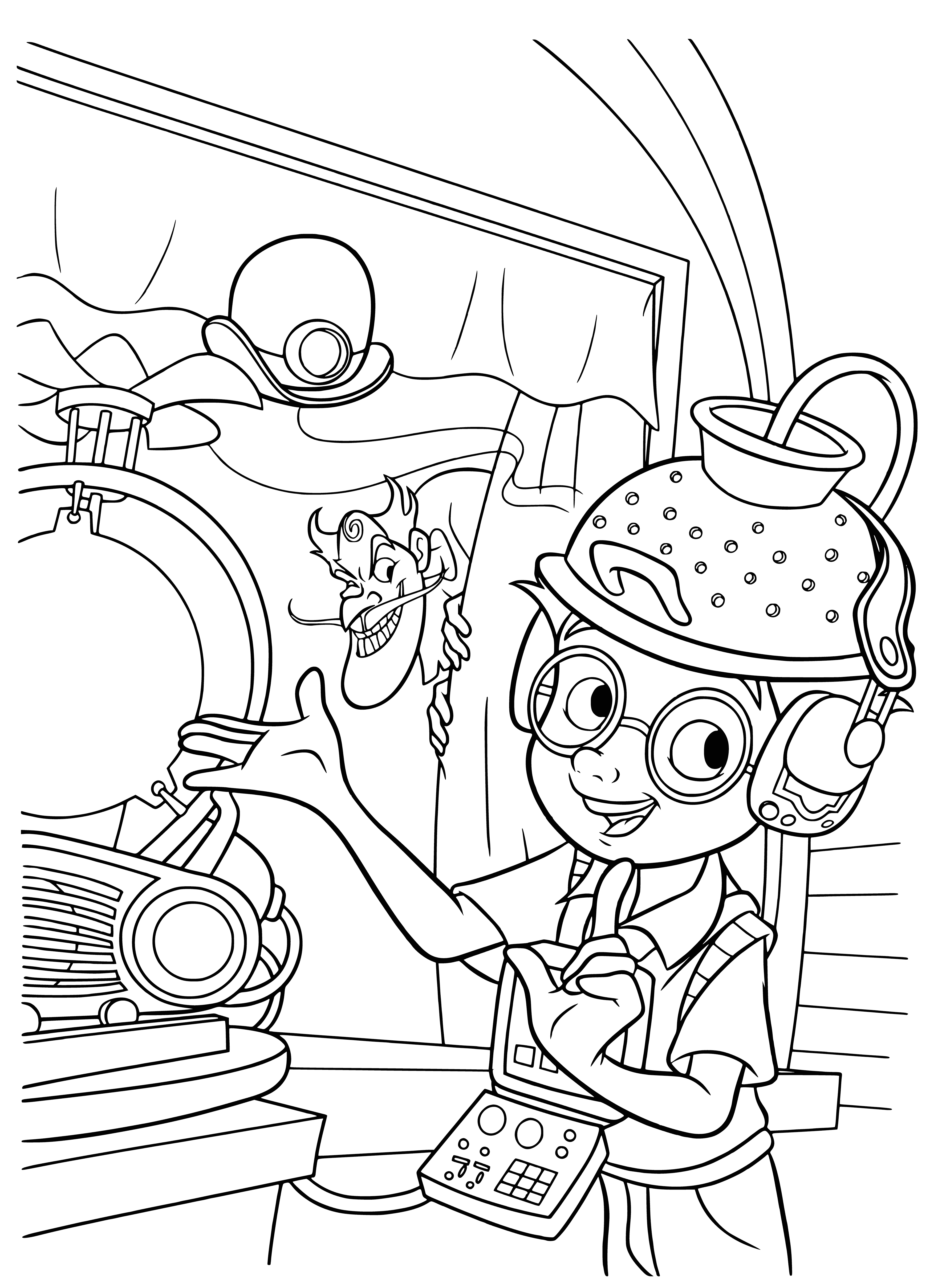 coloring page: Boy holds device w/ large wheel & helmet w/ visor. Wheel has intricate design w/ cogs & a crank.