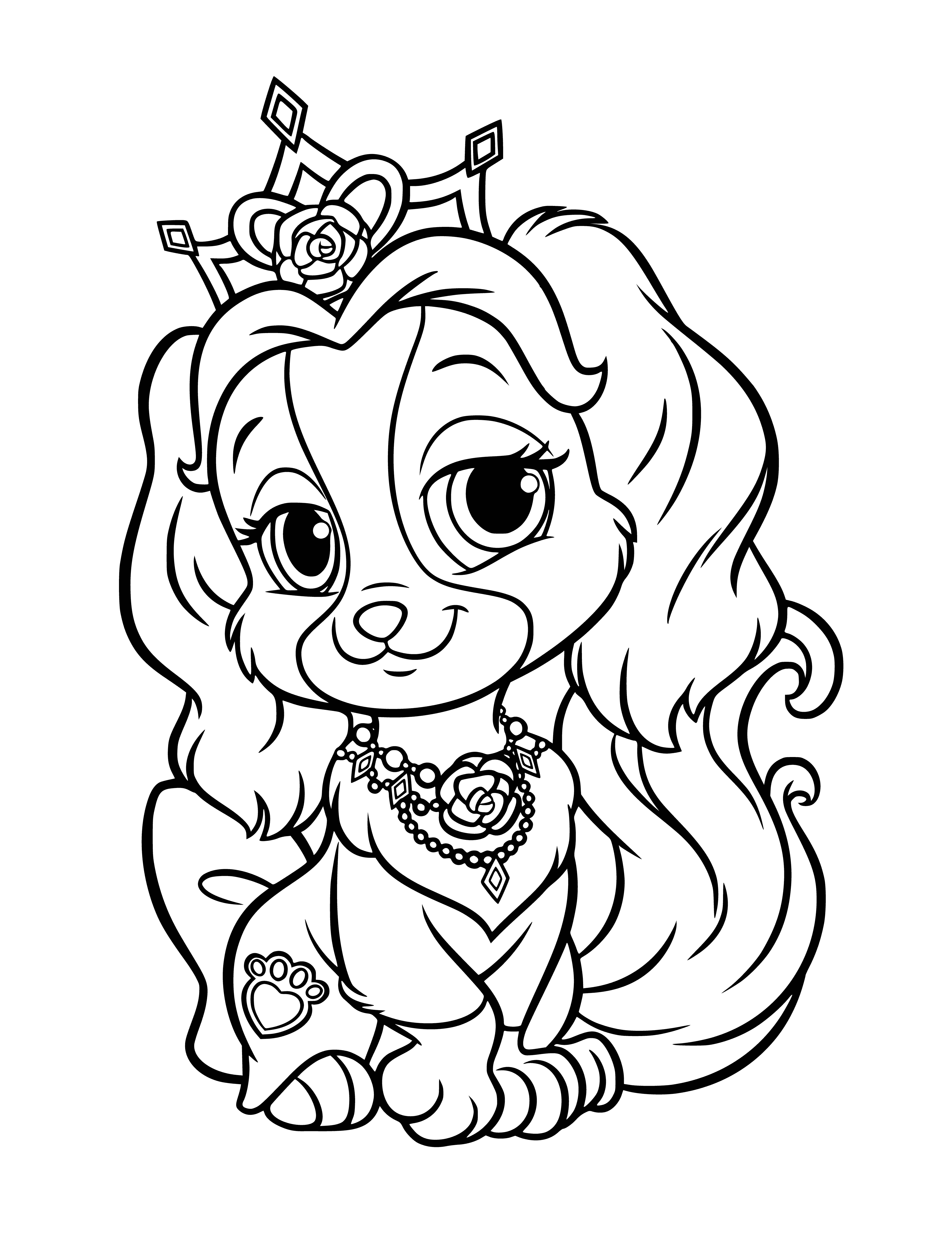 coloring page: Three pets: pup on ground, baby in chair & Belle the cat on a table.
