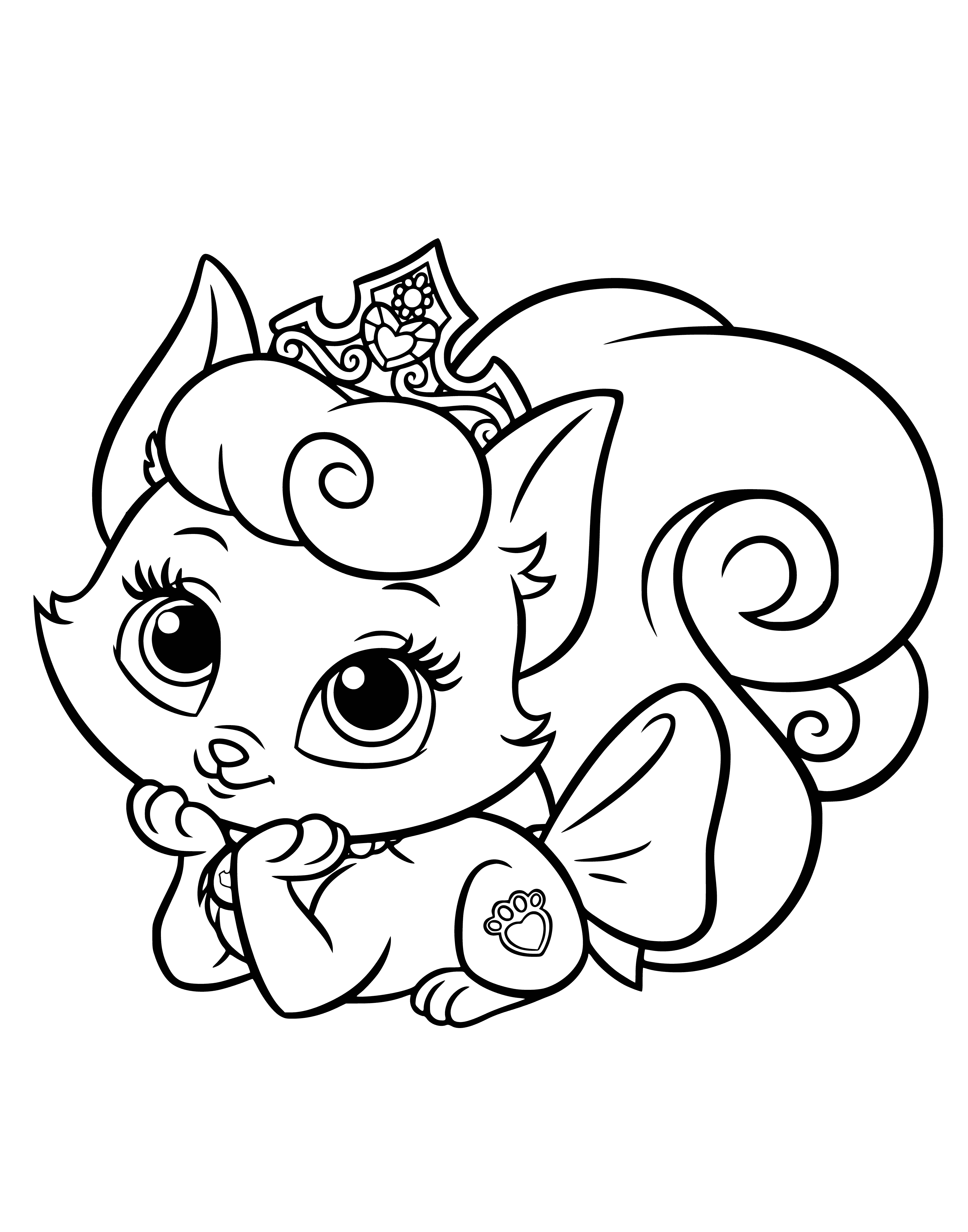 coloring page: Princess Aurora's pet Kitten Cutie is a cute light brown kitten with blue eyes and white paws, happily lounging in a wicker basket with a pink bow.
