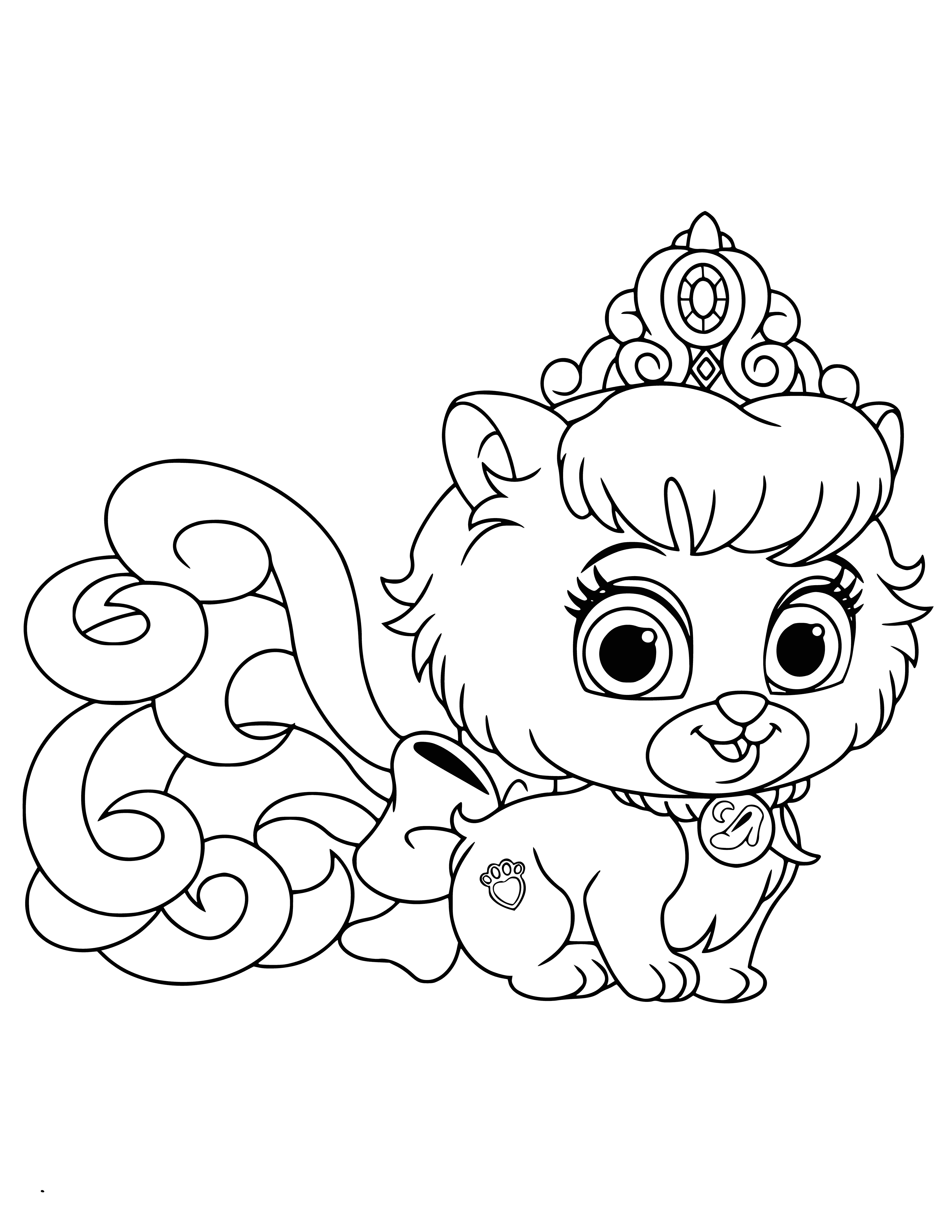 coloring page: Gray kitten with white paws perched atop glass slipper, gazing with large, expressive green eyes.