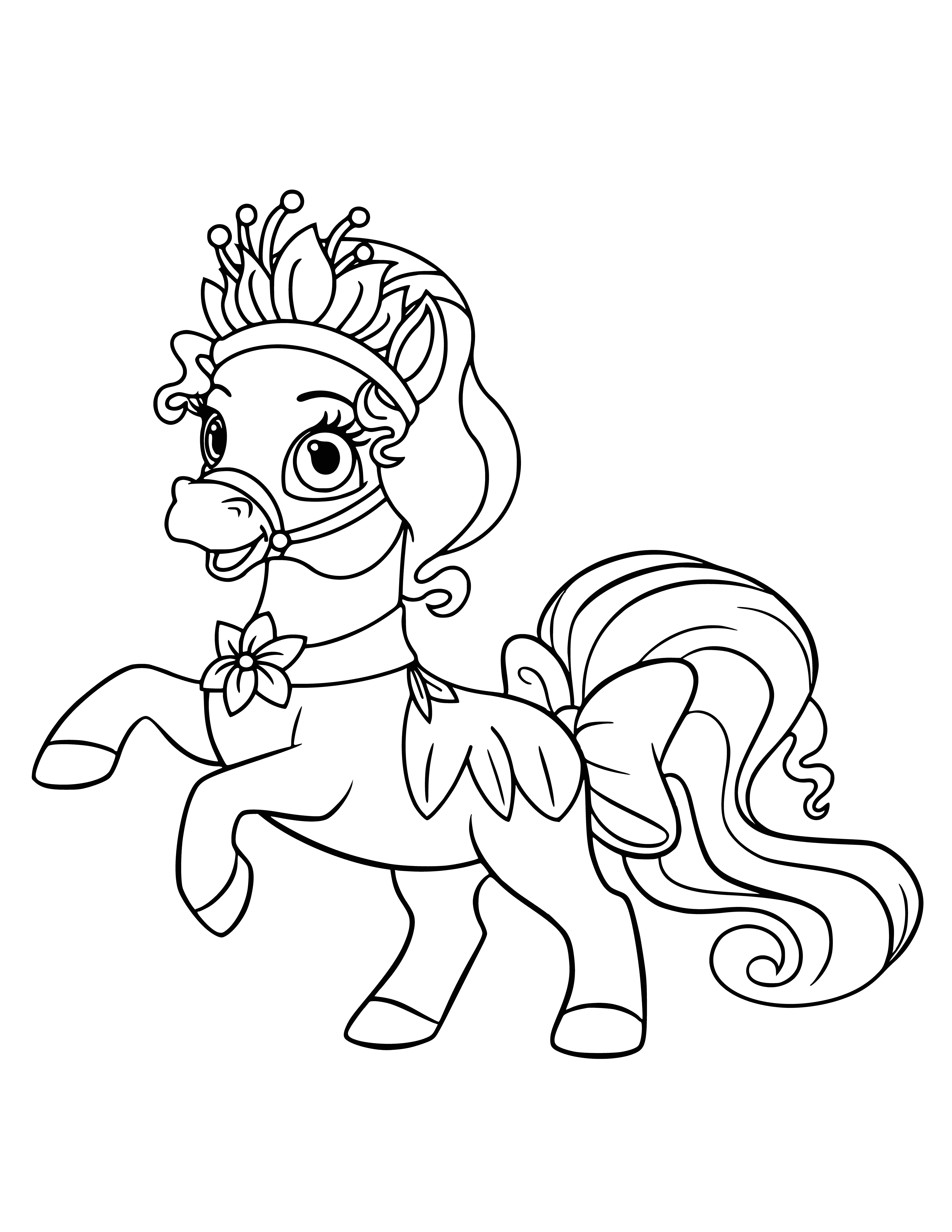 coloring page: A pony with light-colored mane/tail standing in water surrounded by greenery, a striped coat, and a white flower in its mouth.