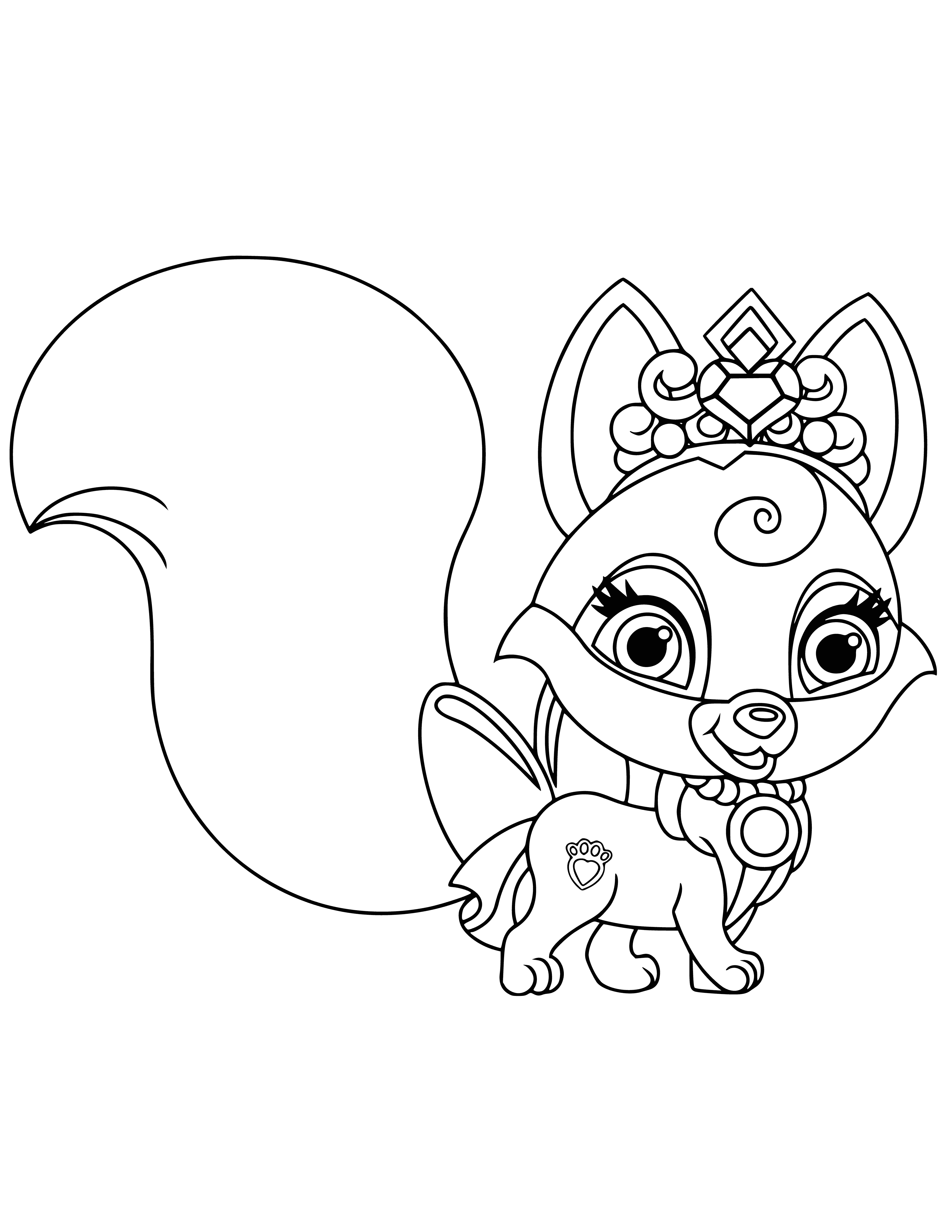 coloring page: A small fox-like animal sits on a red cushion wearing a gold crown. Brown with white underside and fluffy tail.