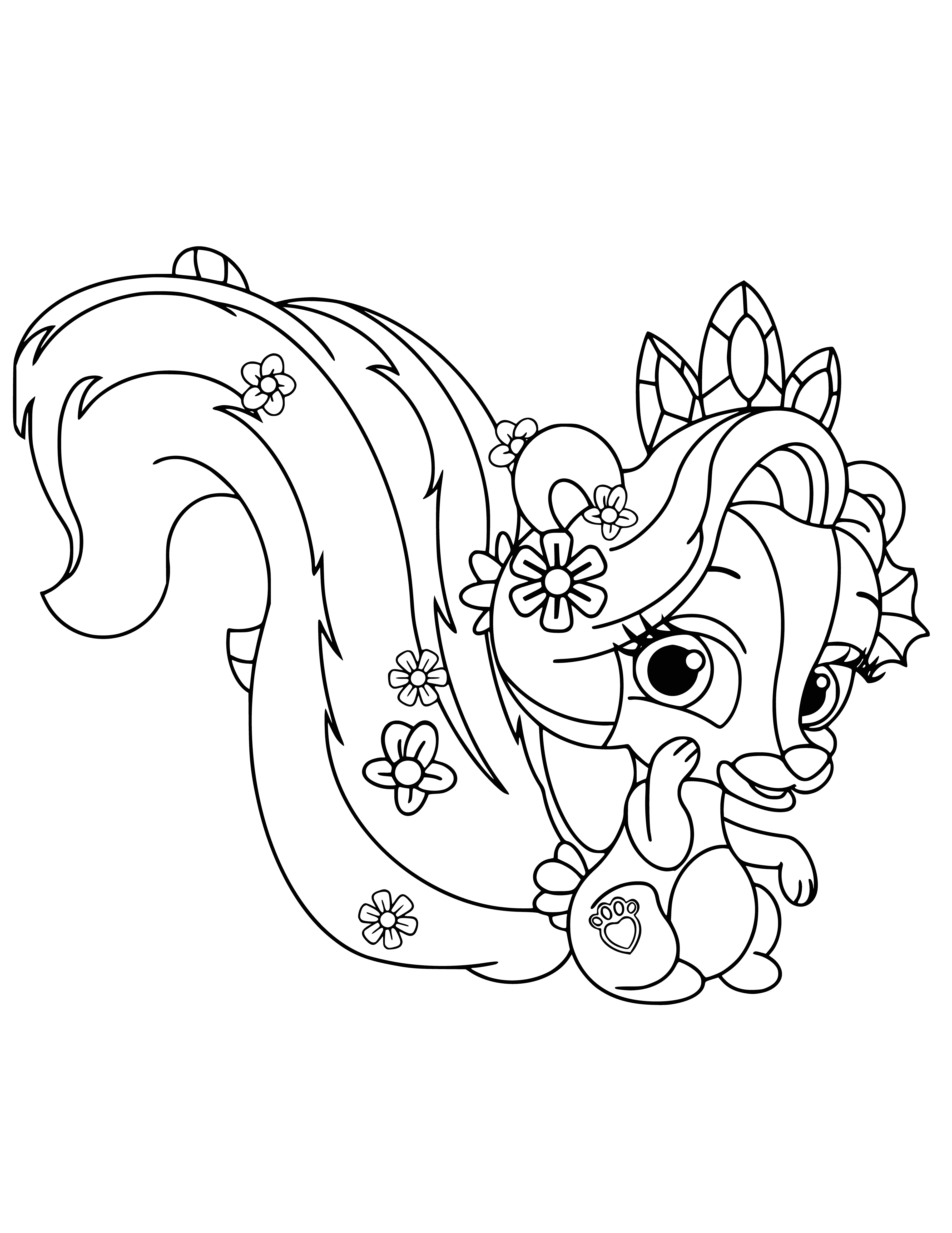 coloring page: Skunk Polyanka & a chameleon w/ yellow spots, long tail & black eyes are Rapunzel's pets. Polyanka's wearing a red collar with gold tag.