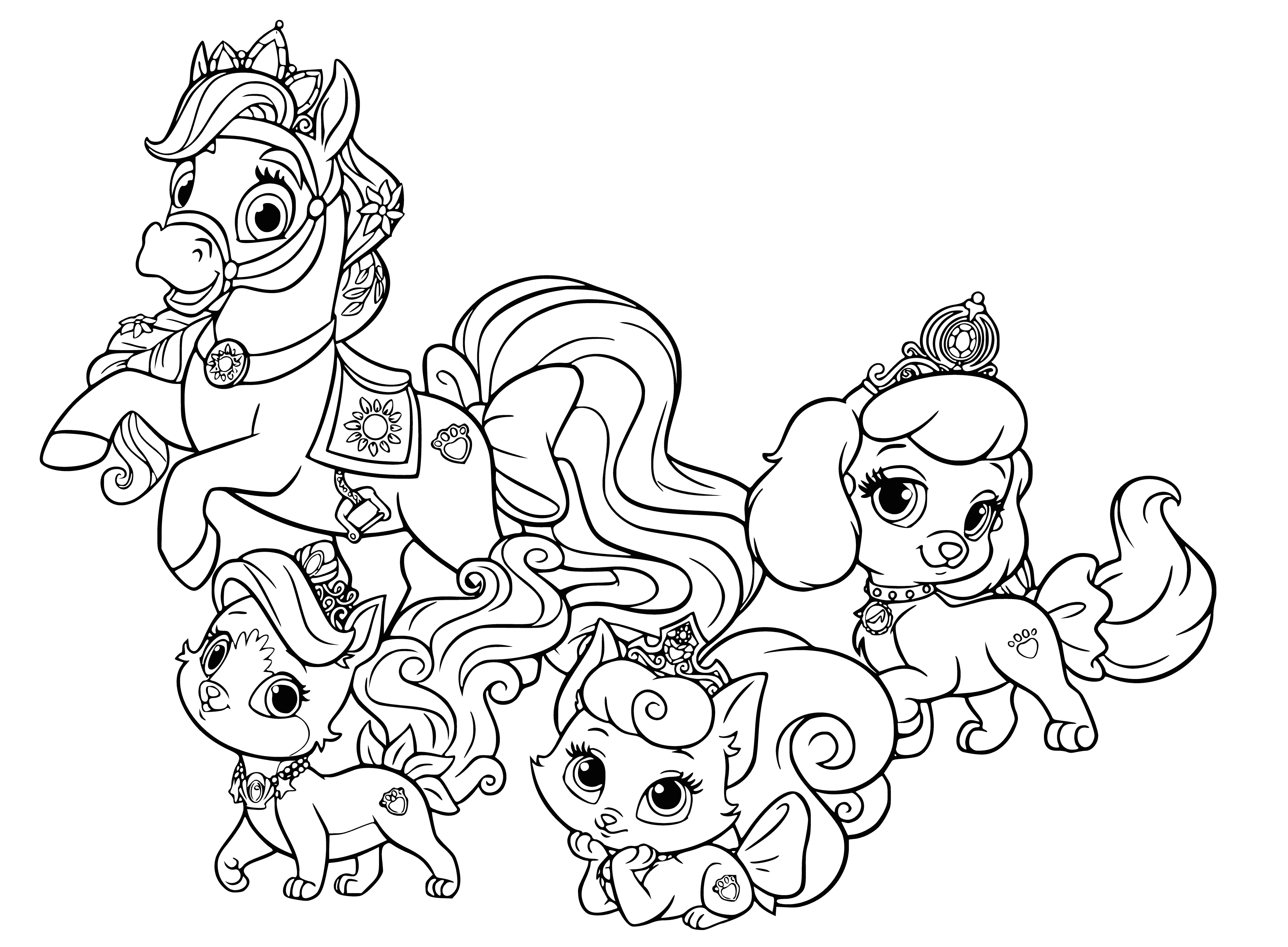 coloring page: Three regal pets seated together: A dog, cat on stacked books, and a mischievous rabbit to the right, looking like treasured companions.
