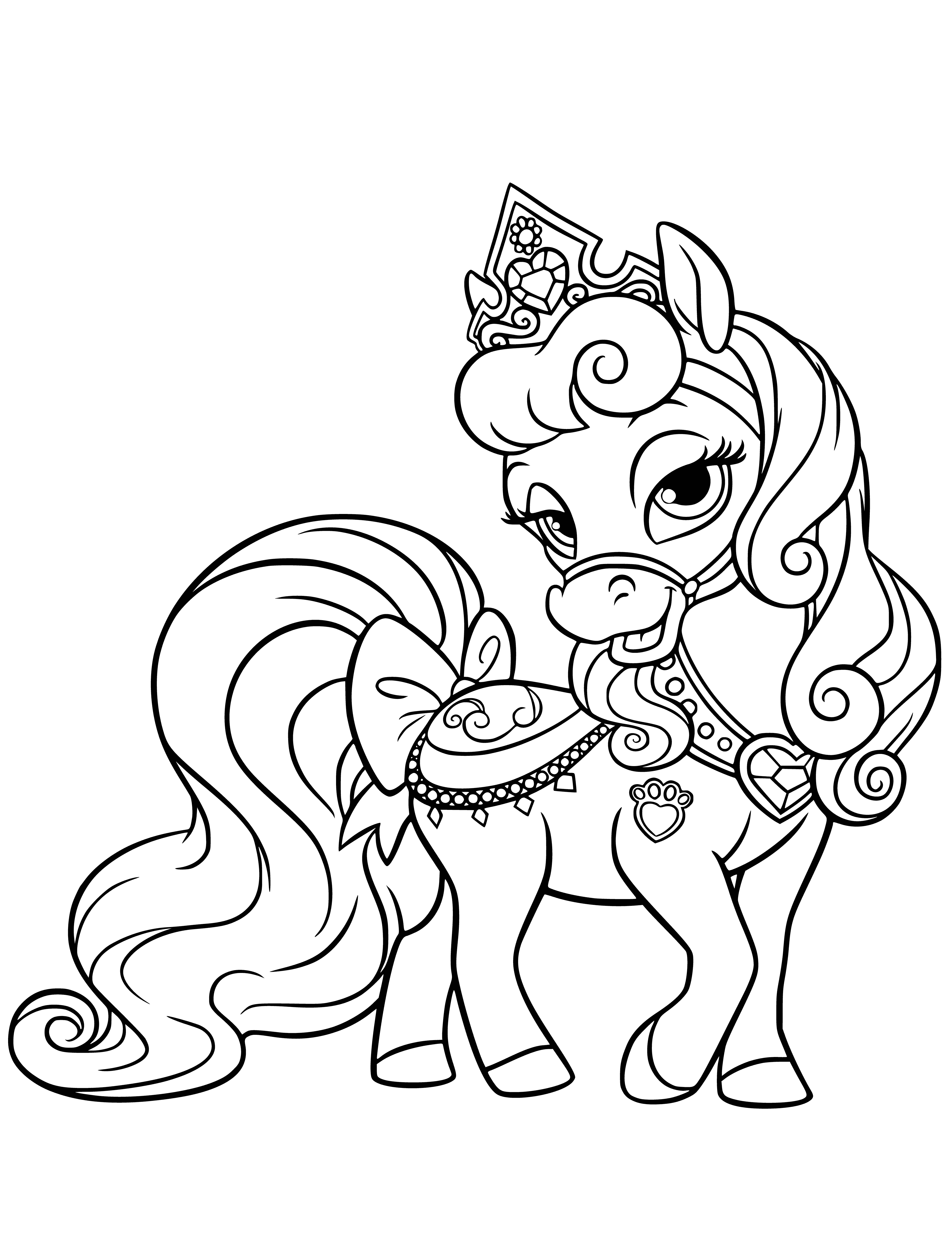 coloring page: Princess Aurora pets a small, brown pony with white mane & tail in a field of green grass in the coloring page.