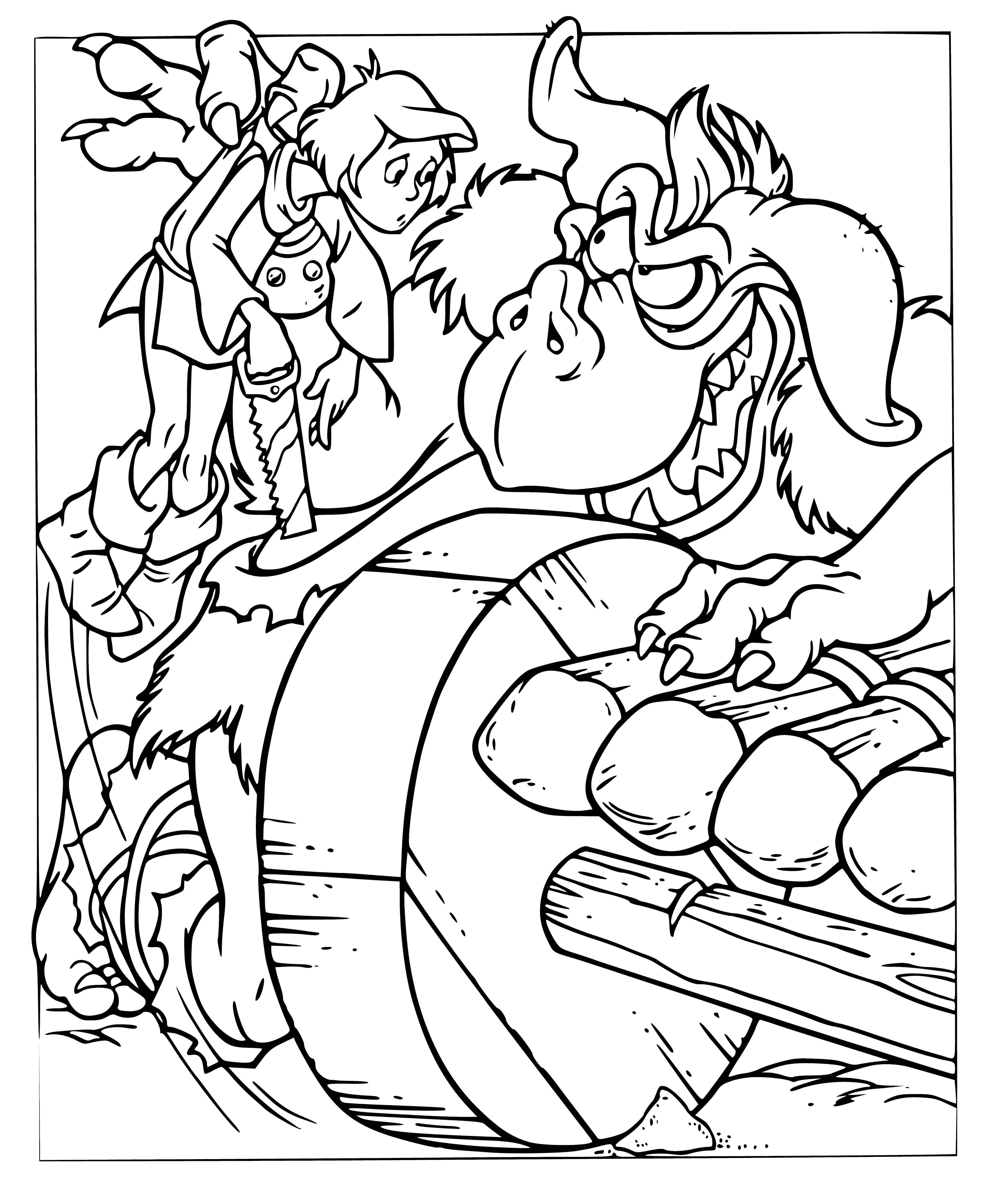 coloring page: A green goblin from the Gummi Bears with yellow eyes, pointy ears, and sharp teeth is wearing a red shirt and blue pants, with a belt and dagger.