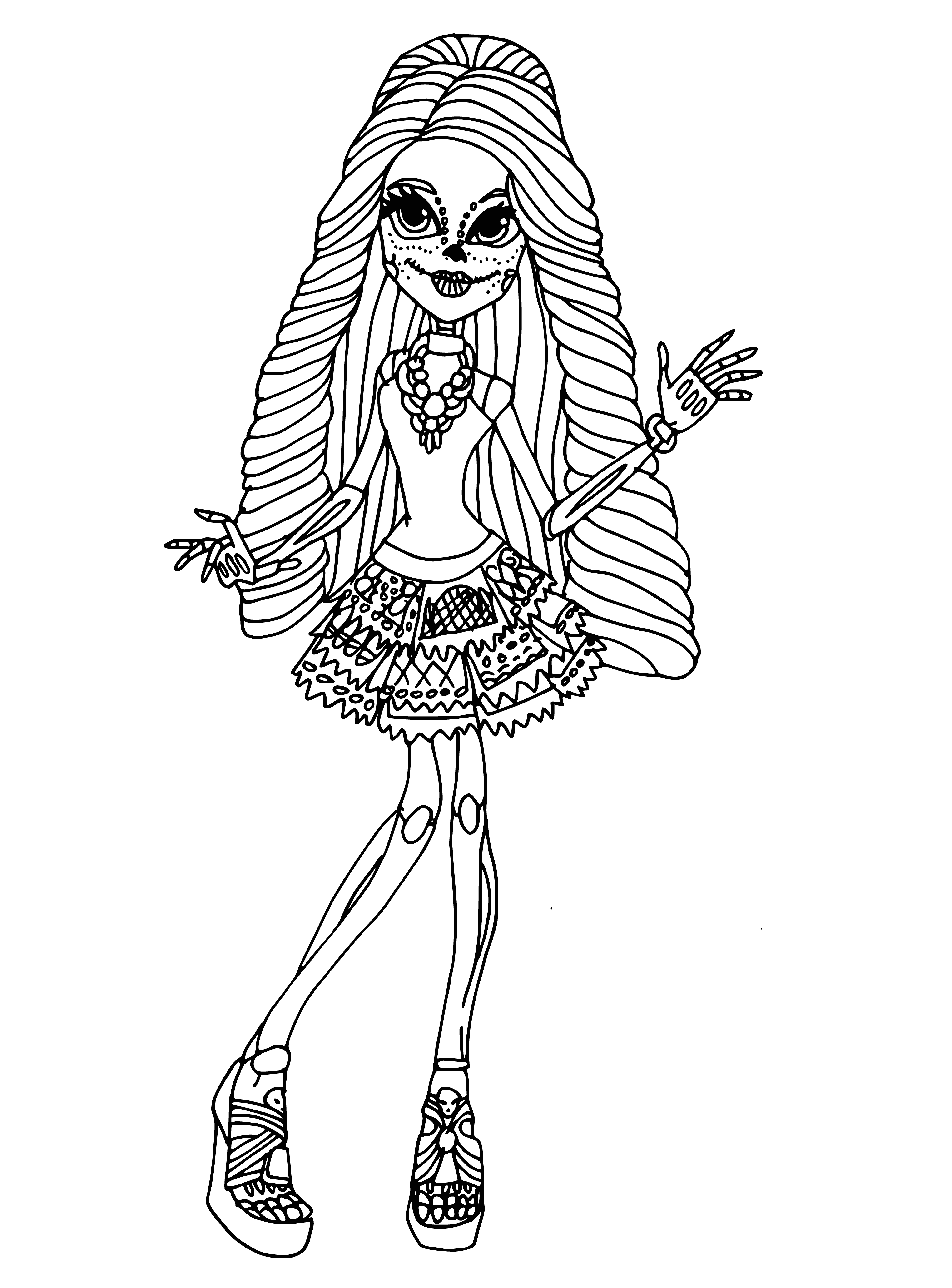 coloring page: Skelita is a skeleton with long black hair and big black eyes who wears a pink dress with a black bow.