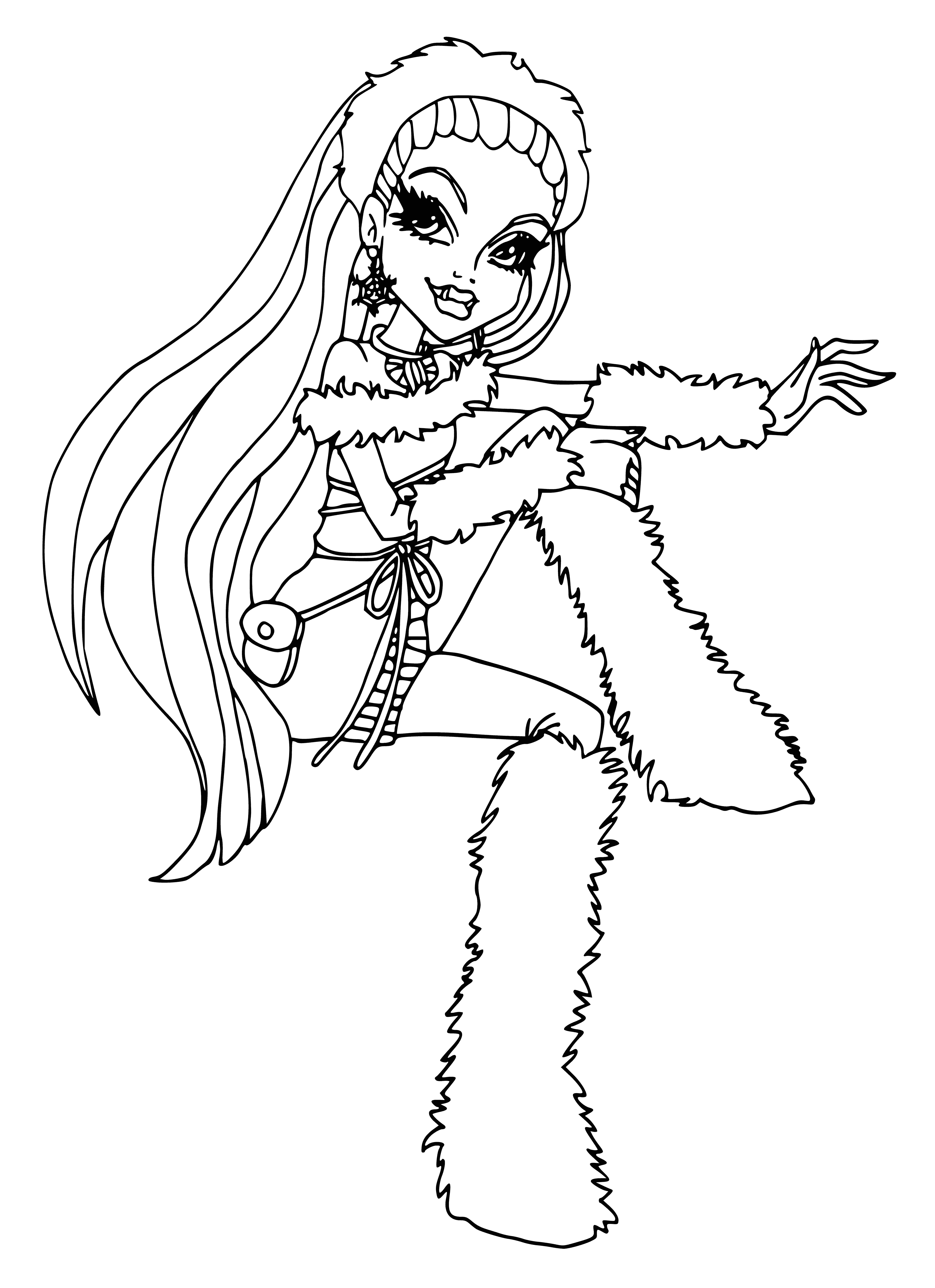 coloring page: Abby Bominable is a fifteen-year-old yeti's daughter and Monster High sophomore w/ white fur, blue eyes, and pink headband. She's a sergeant in Yetis softball team.