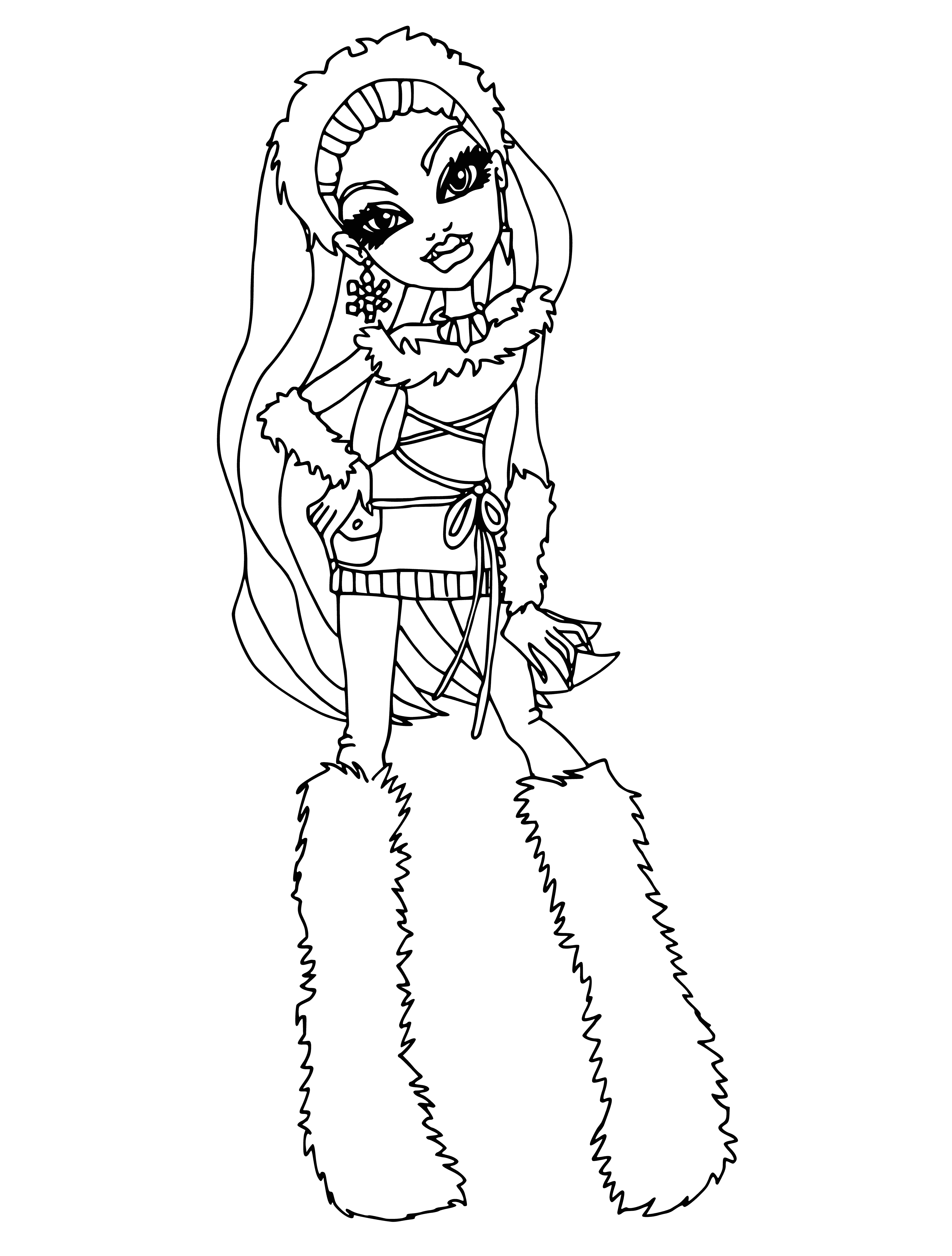 coloring page: Abby stands in front of a dark, spooky castle, wearing a purple dress with her long, white hair blowing in the wind. She looks ready to enter.