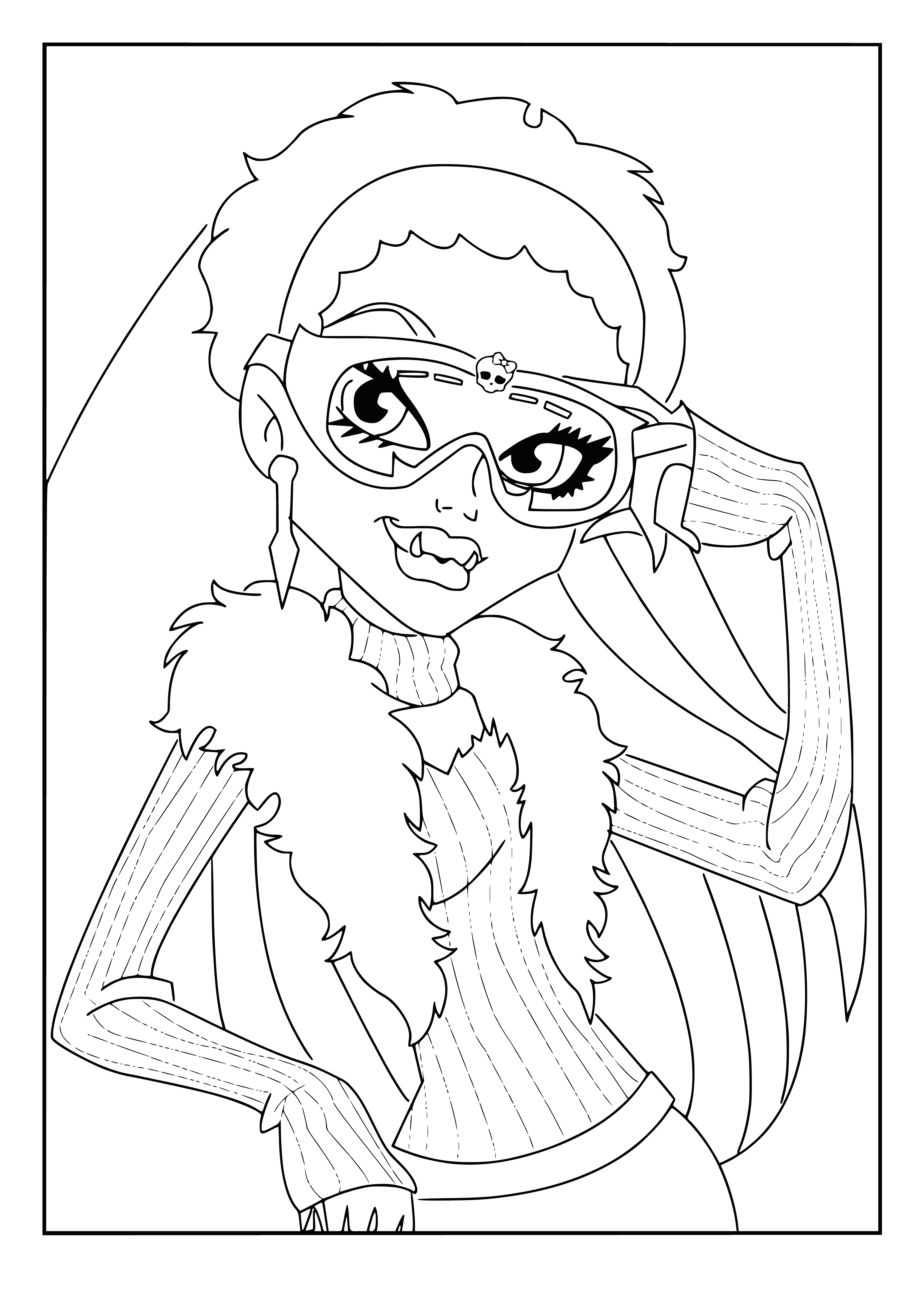 coloring page: Yeti girl with white fur & blue highlights wearing a blue & white dress & bracelet, with a blue & white scarf. #cute