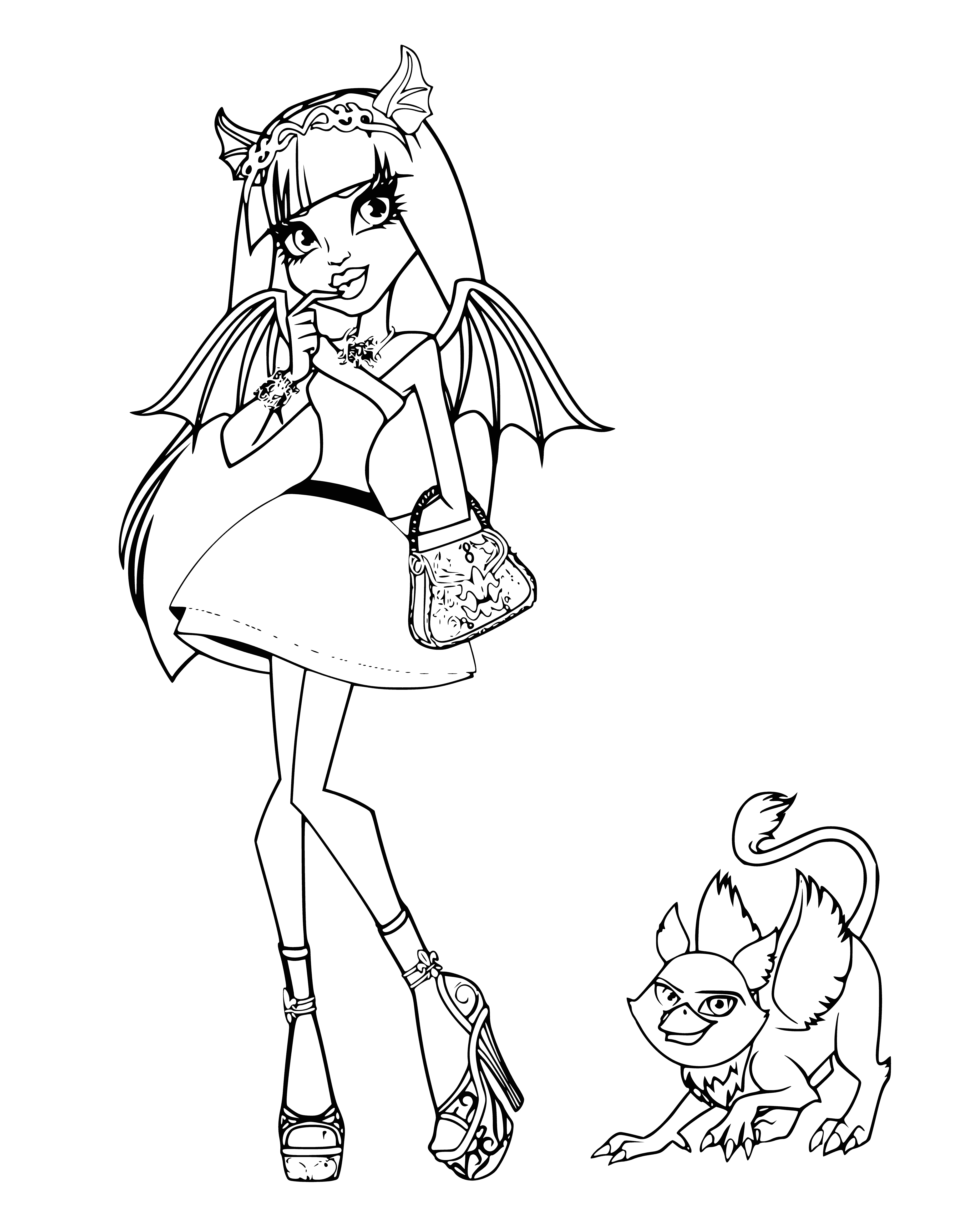 coloring page: 16-year-old fashion student Rochelle Goyle moved to France to attend Poe Univ. and found a pet gargoyle Roo. Close to her Canadian friend Nephrite, Rochelle is shy yet kind.