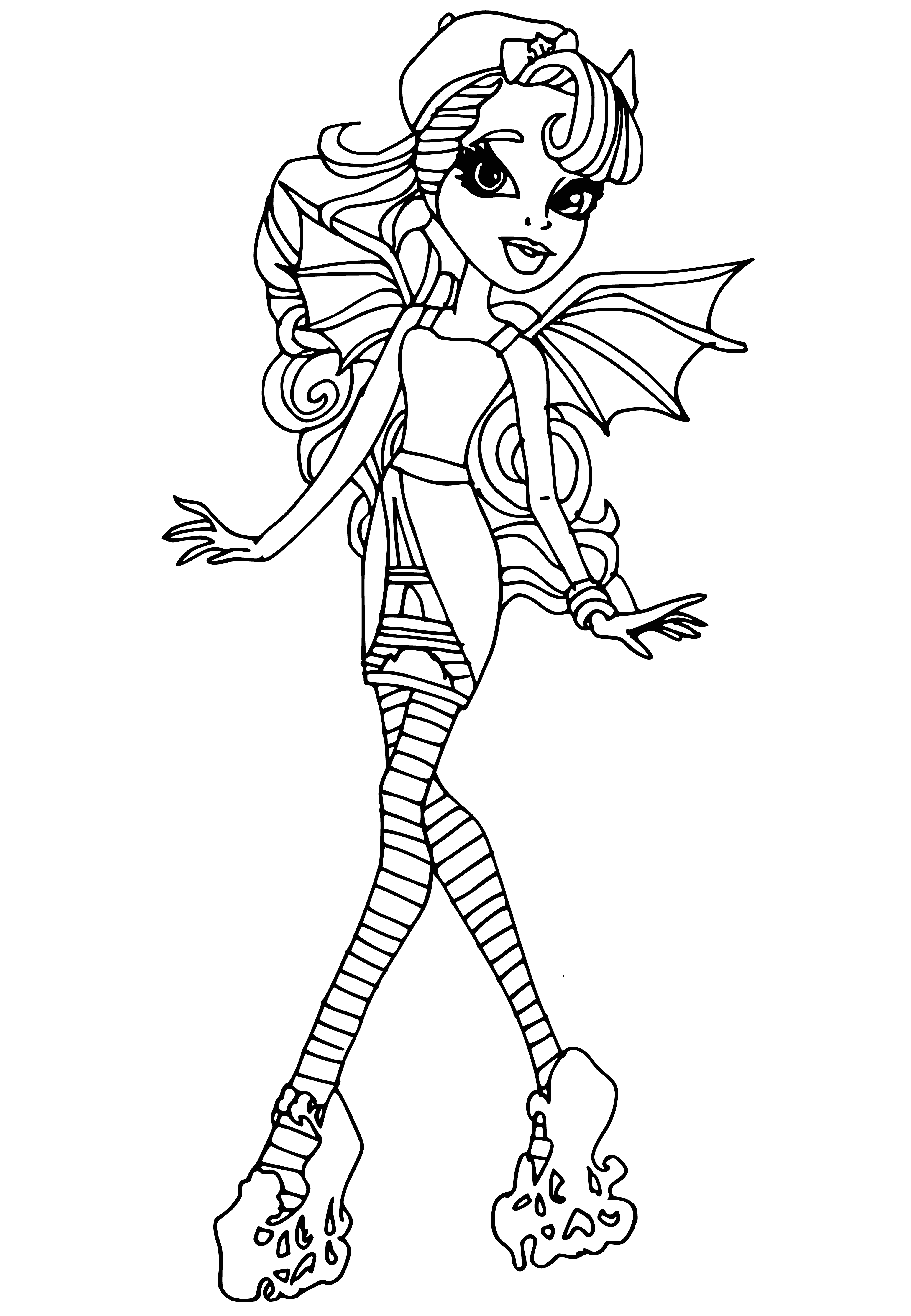 coloring page: She is elegant in an all black look; ponytail, bow, dress w/ side slit & fan. Pale skin & purple eyes complete the look.