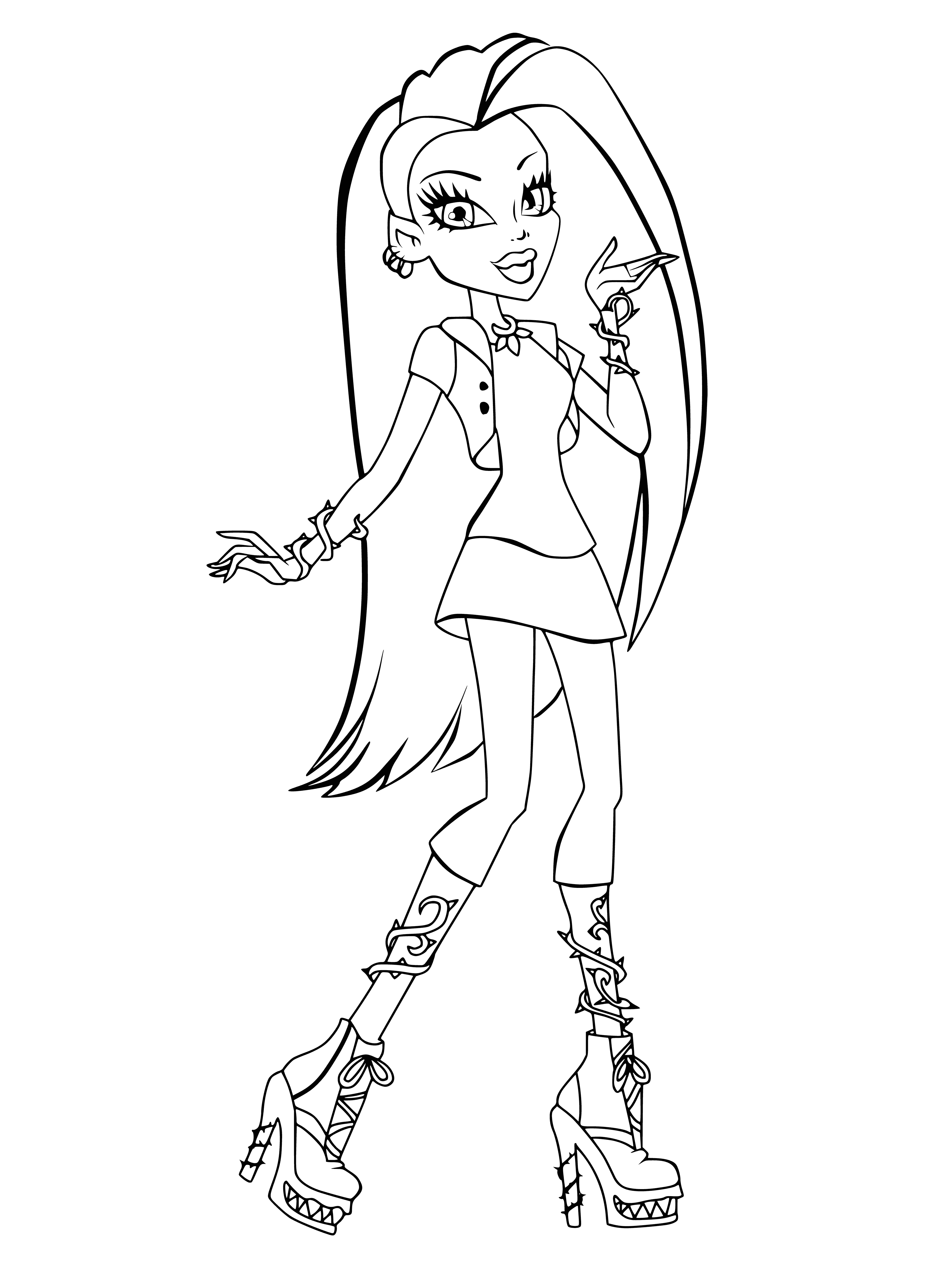 coloring page: Girl with green skin, pink hair, pink eyes and tongue out holds pink Venus flytrap in purple dress with pink flower print.