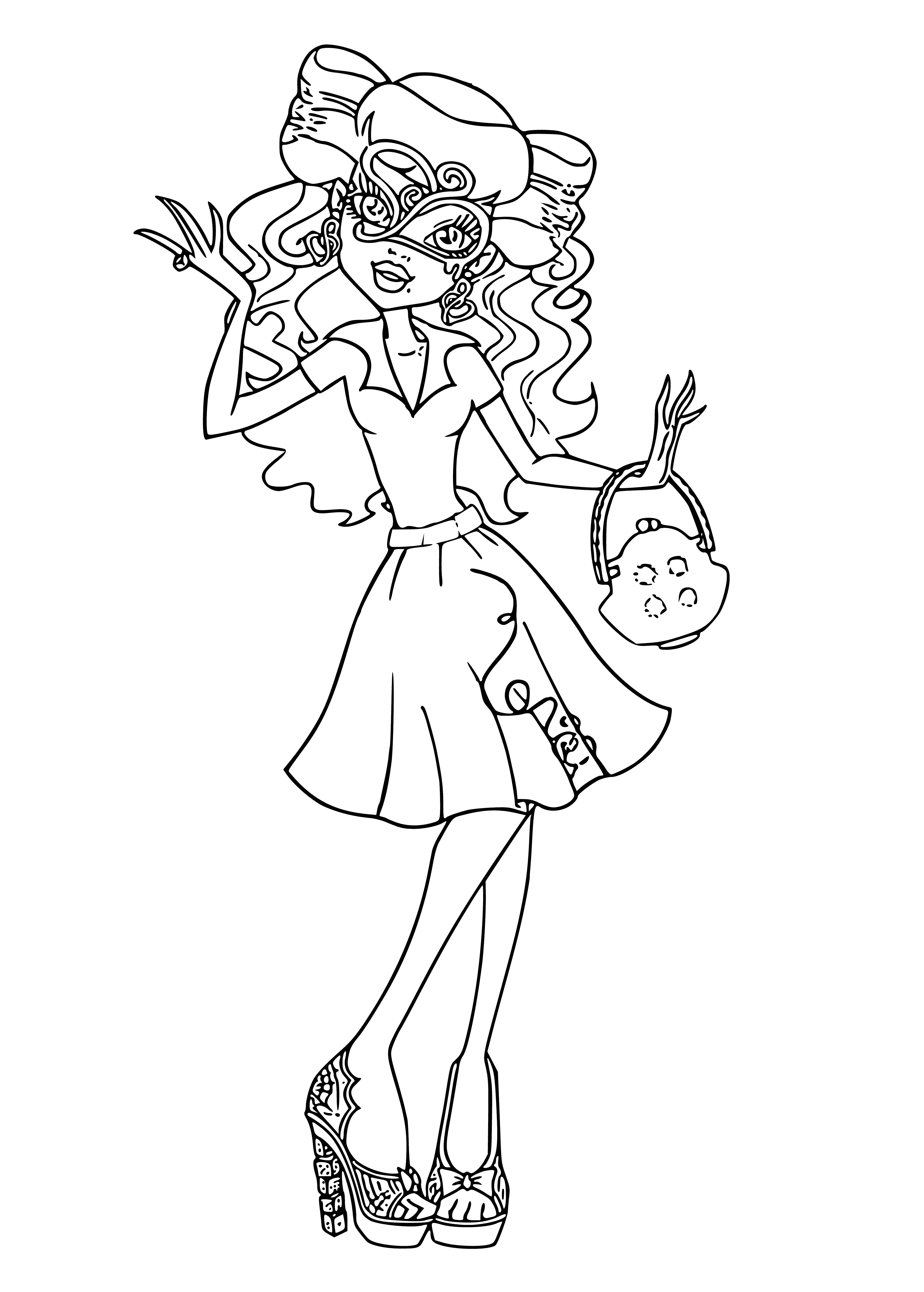 coloring page: The Operetta is the Phantom’s daughter, beautiful with long blonde hair, white dress & blue sash. She holds a blue flower in her hand. #Opera