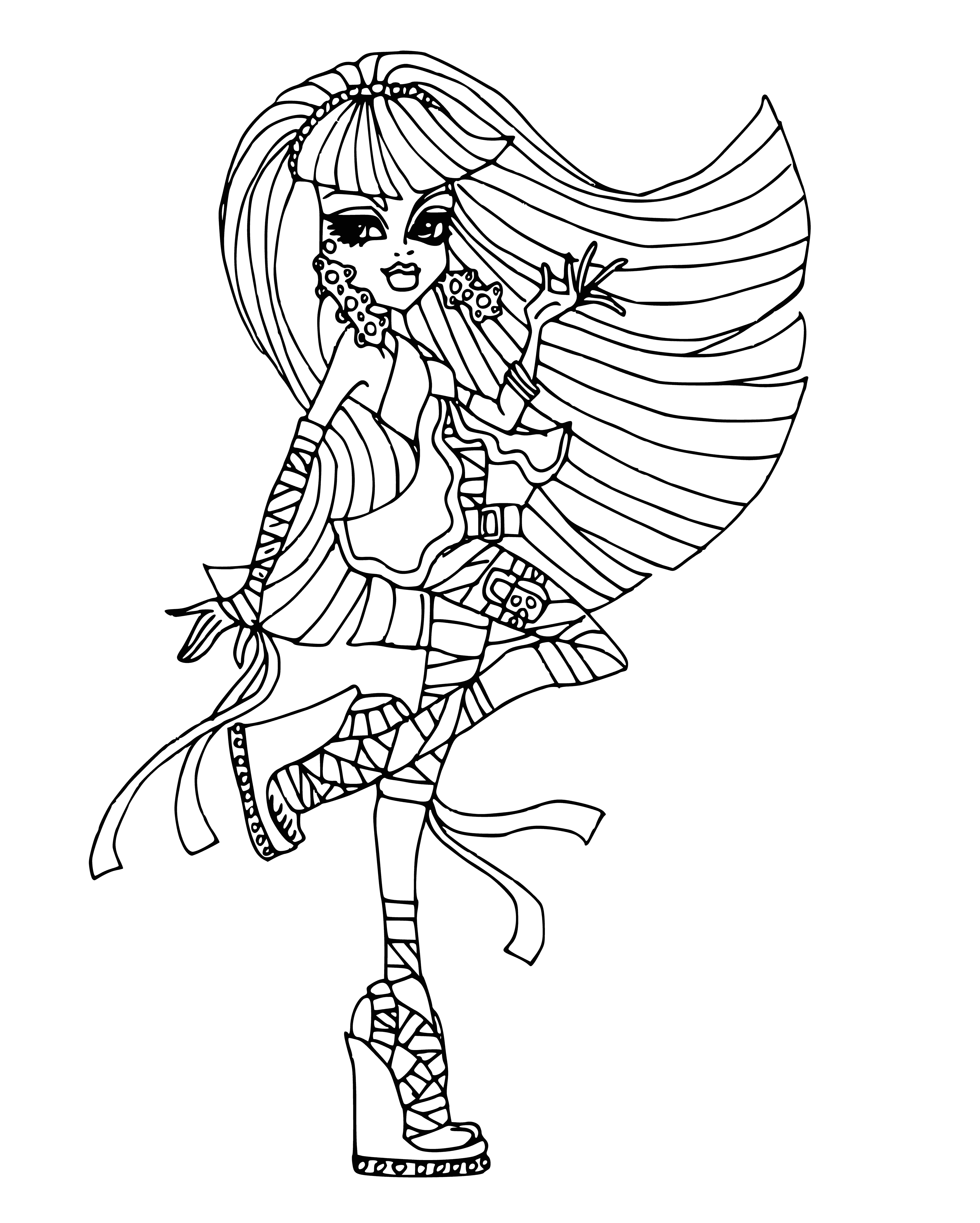 coloring page: Cleo de Nile is a 6,000 y/o Mummy Princess of Egypt. Regal & powerful, she wears elaborate jewelry & has sleek, dark hair. She's a respected Monster High student seeking self-improvement.