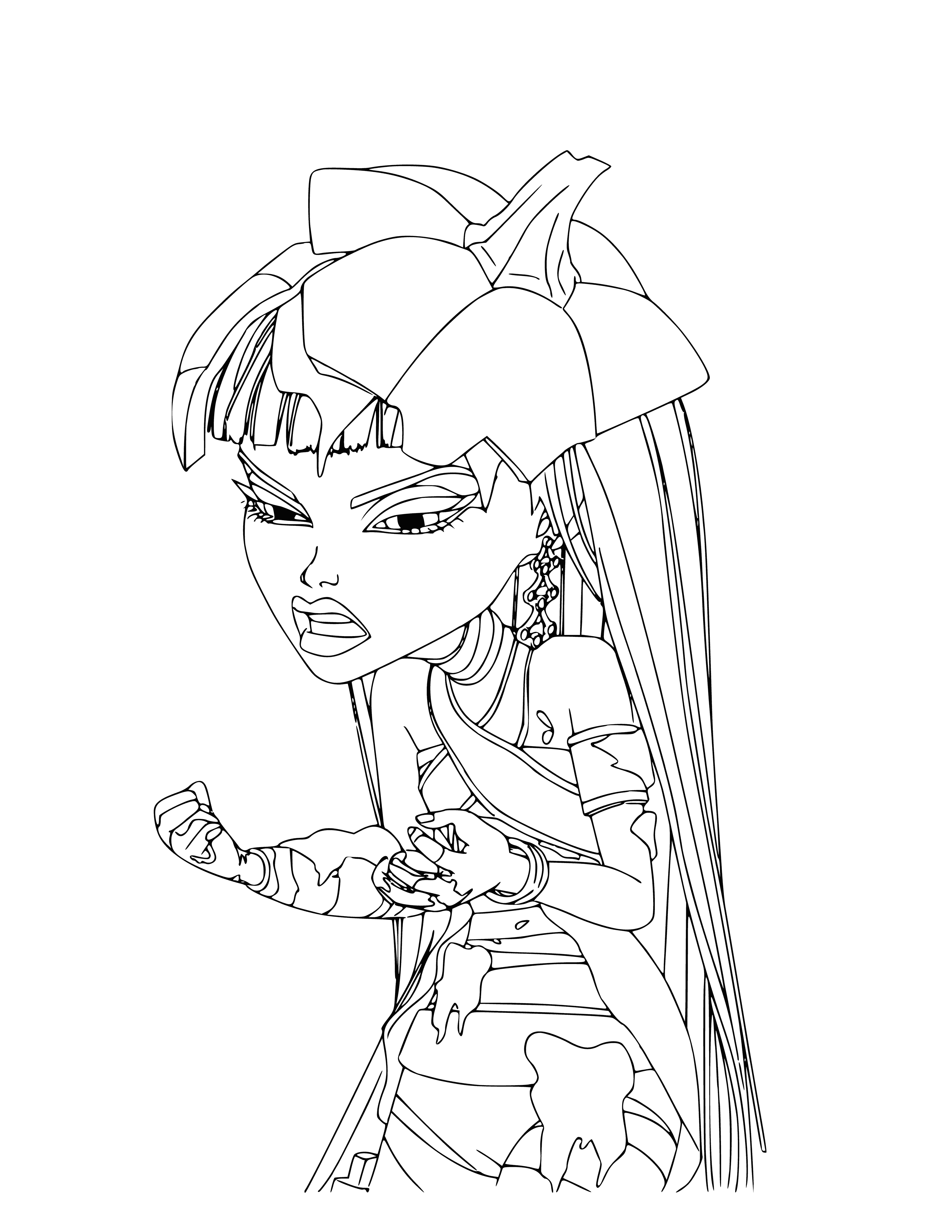 coloring page: Cleo de Nile is a popular Monster High character. She has sleek black hair, pale skin, golden eyes and wears ancient Egyptian-inspired clothing.