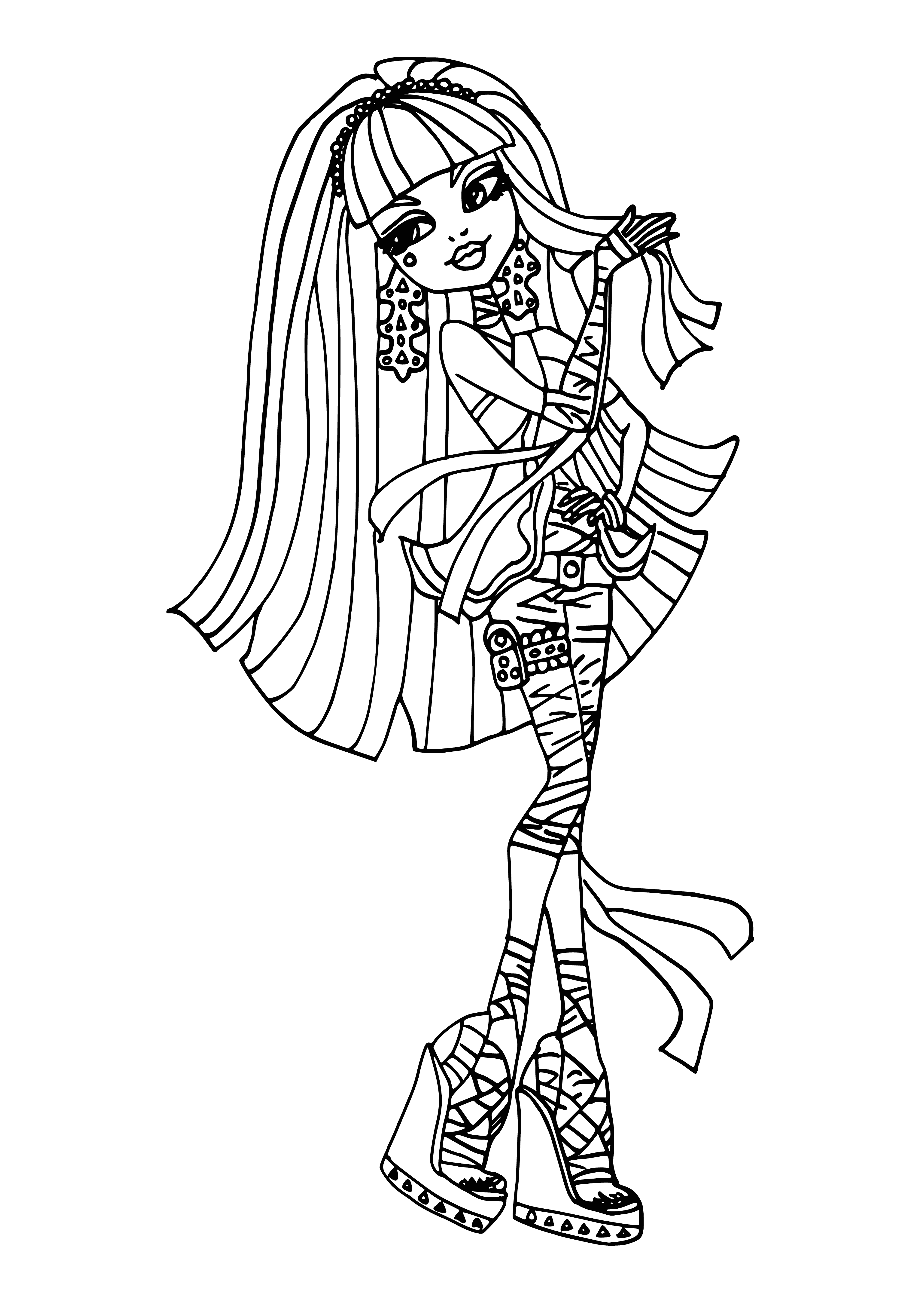 coloring page: Cleo de Nile is a porcelain doll with long, dark hair, greenish skin, and a gold snake headdress. She smiles, eyes closed, wearing a dark dress with green trim.