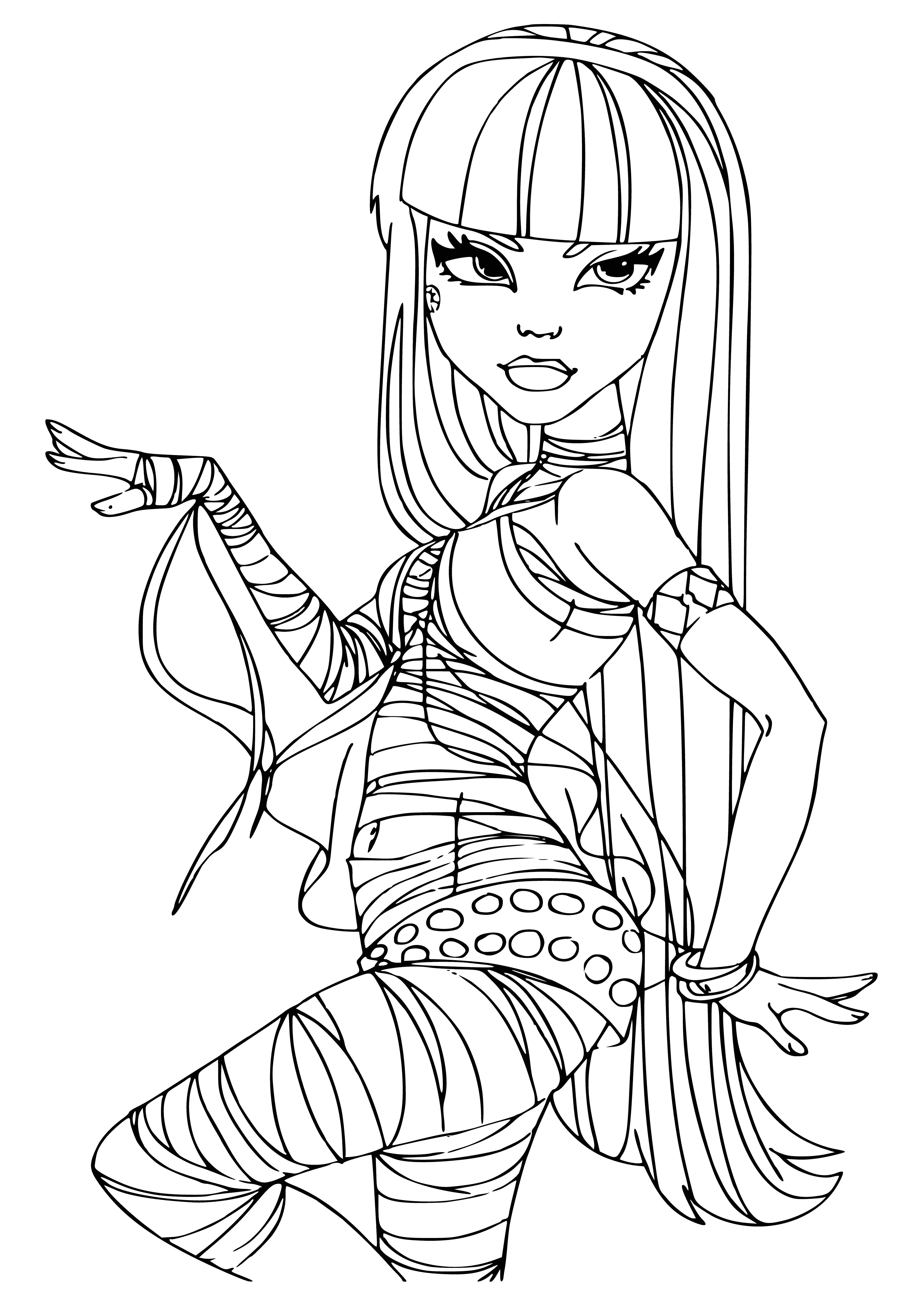 coloring page: Girl in page has dark hair, blue dress, snake around neck.