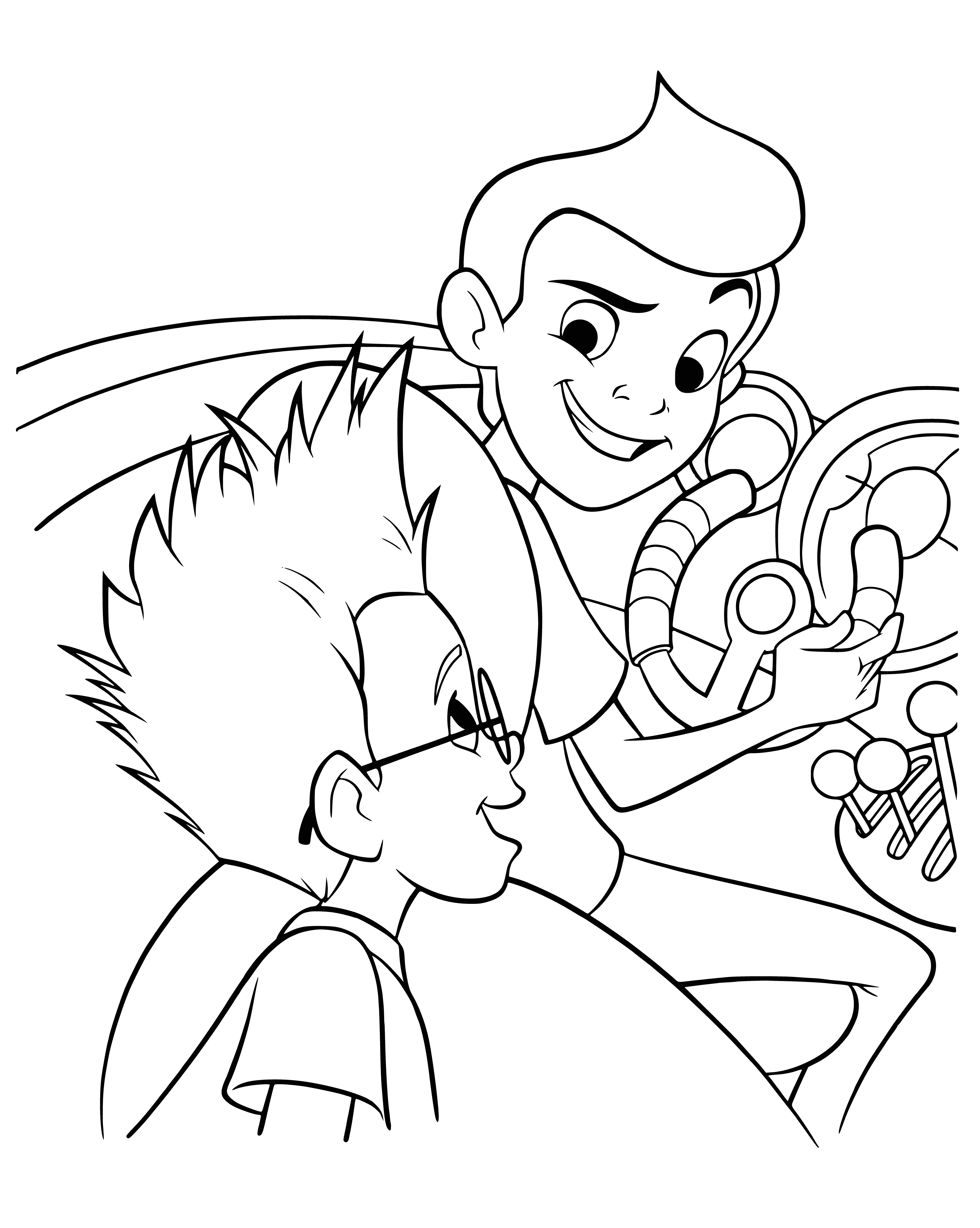 coloring page: Two characters, Lewis (red shirt) and Wilber (blue shirt), with large smiles on their faces.