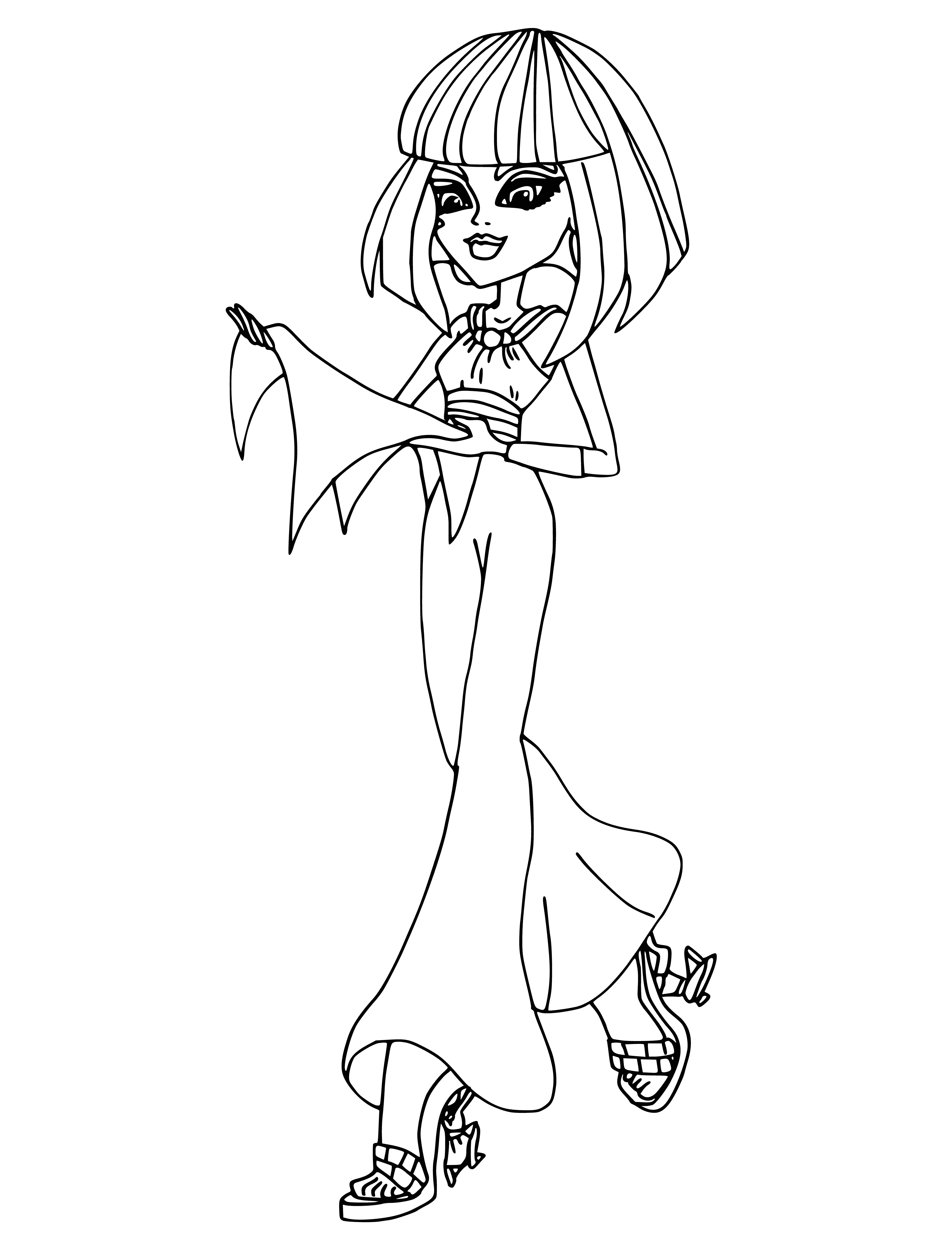 coloring page: Cleo de Nile, Monster High student, is regal & mysterious. She loves her snake and always looks flawless.