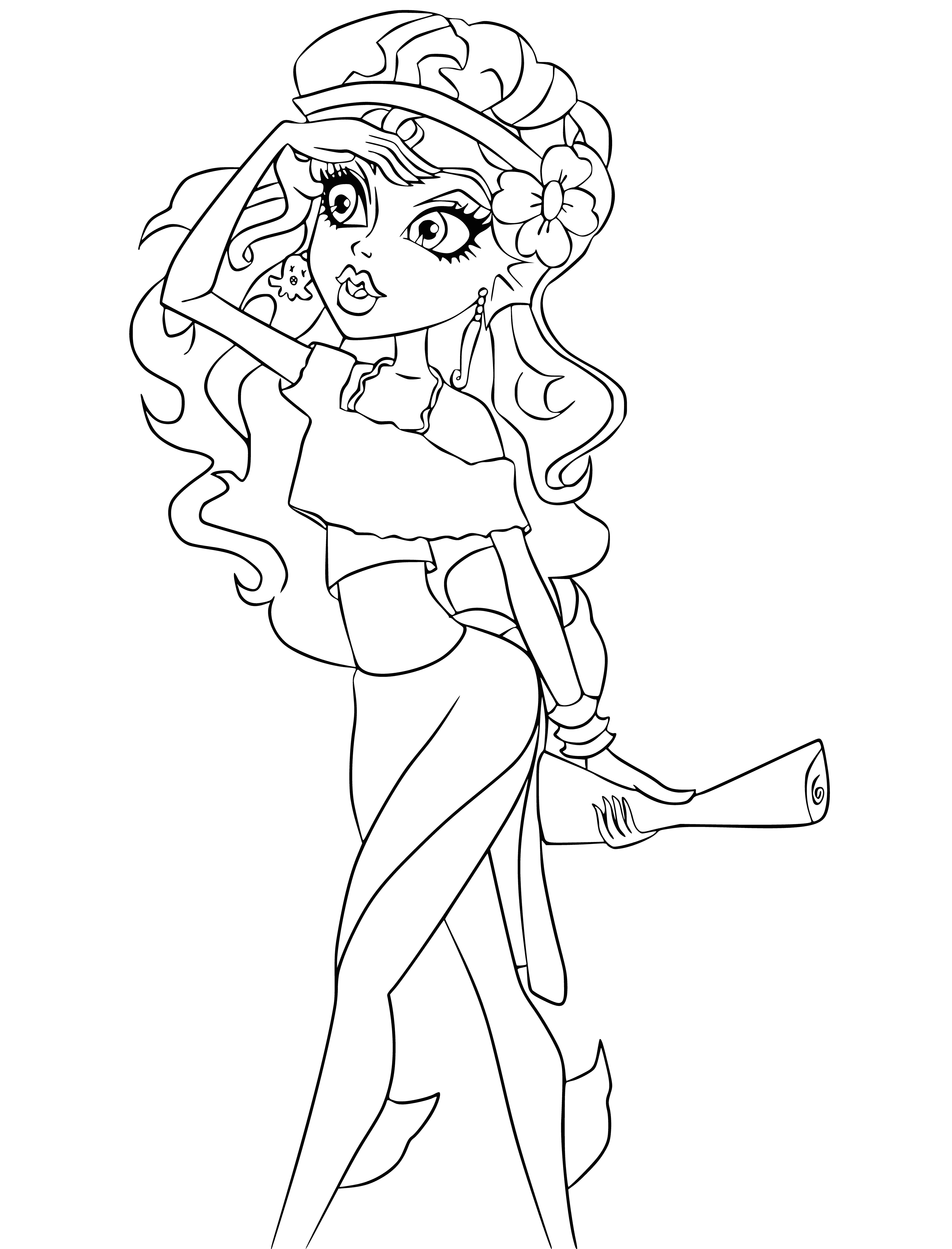 coloring page: Lagoona Blue is lounging in a lagoon with a pink bikini & blue-green skin. A pink & blue fish is nearby.