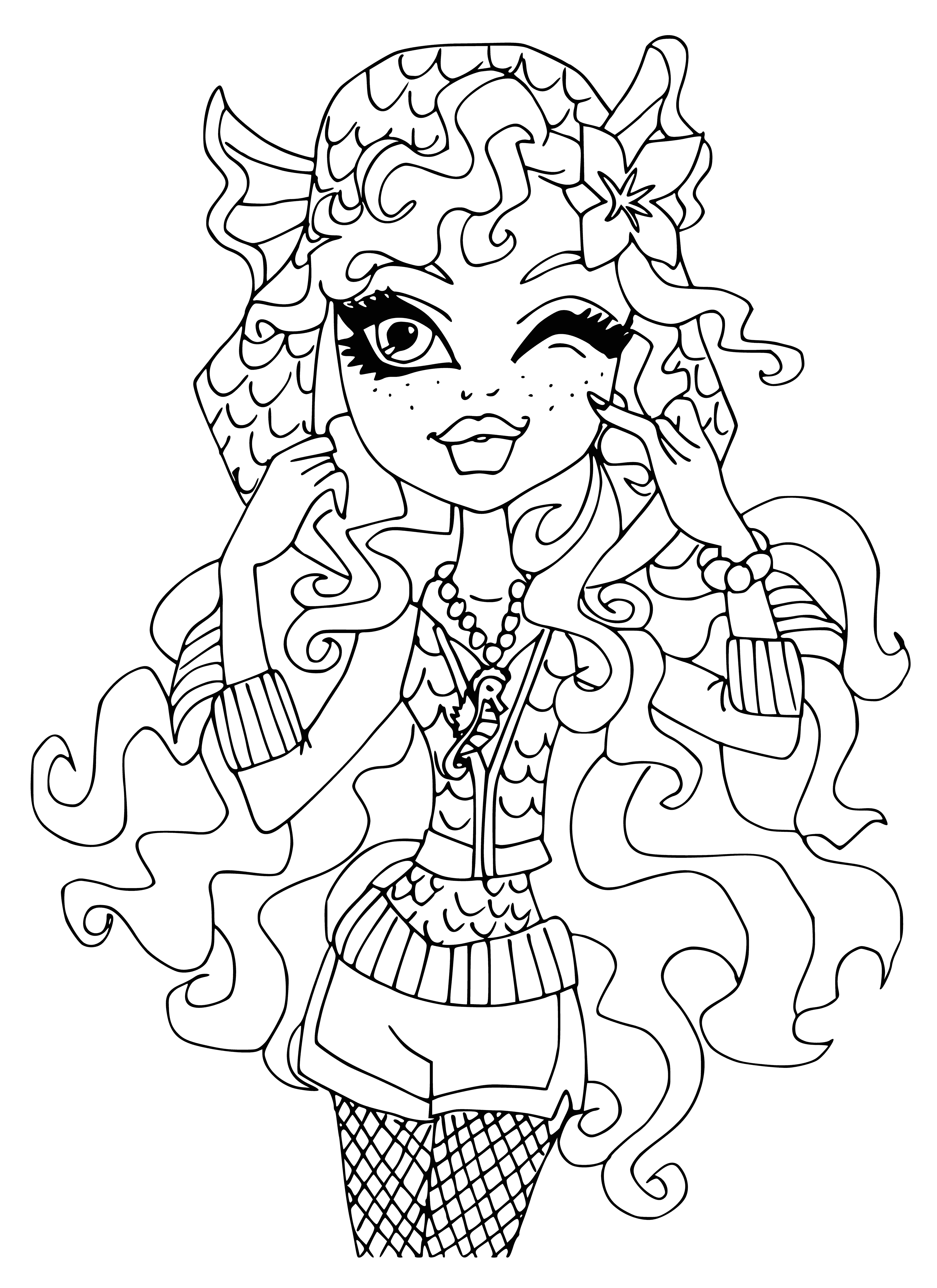 coloring page: Lagoona Blue is a blue-skinned, green-haired girl wearing a pink dress with a blue fishtail, a blue belt w/starfish buckle & a blue bracelet.