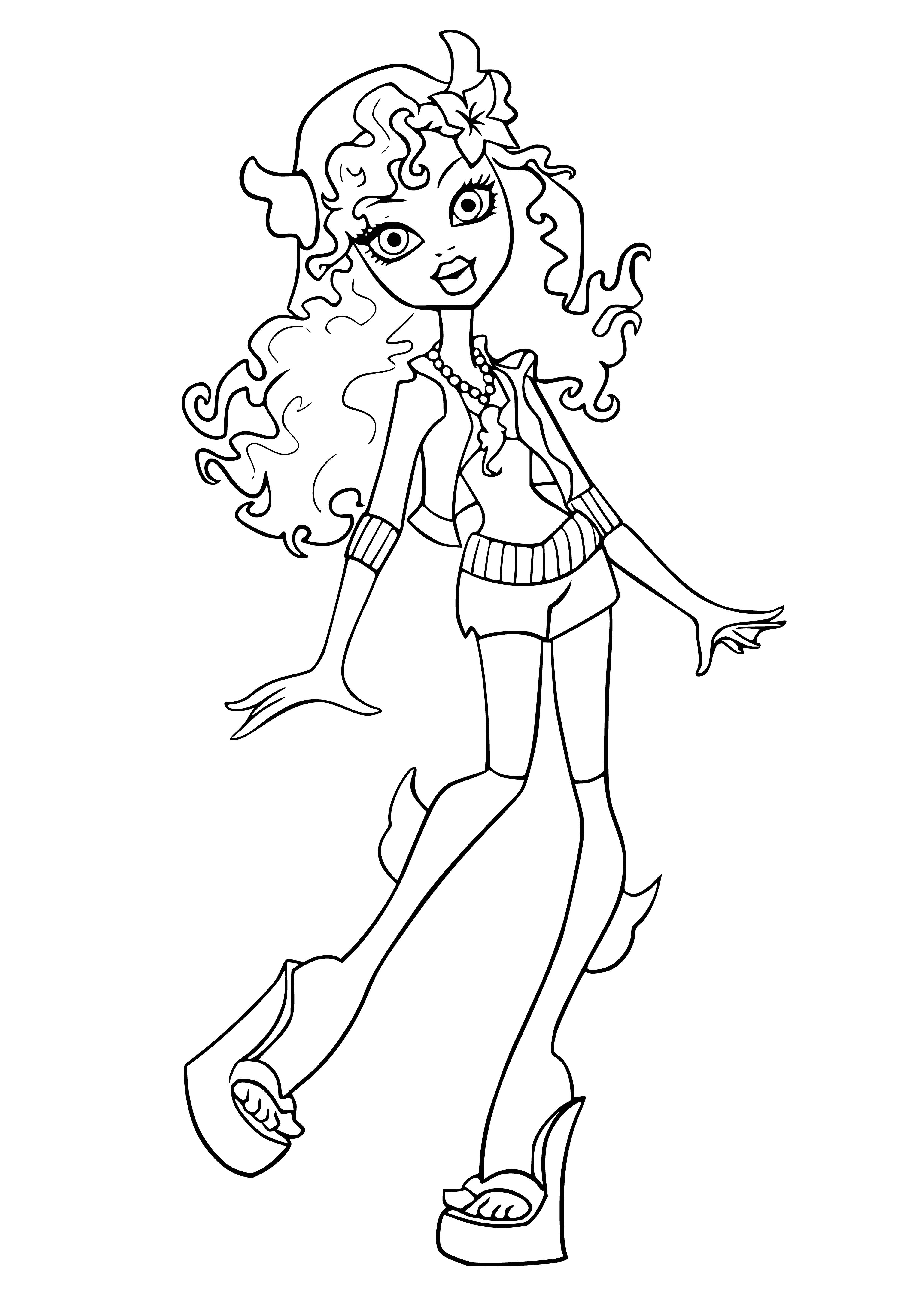 coloring page: Lagoona Blue stands in a blue lagoon, wears a blue bikini, with blue eyes & hair. Smiling & holding a blue drink, she enjoys the paradise.