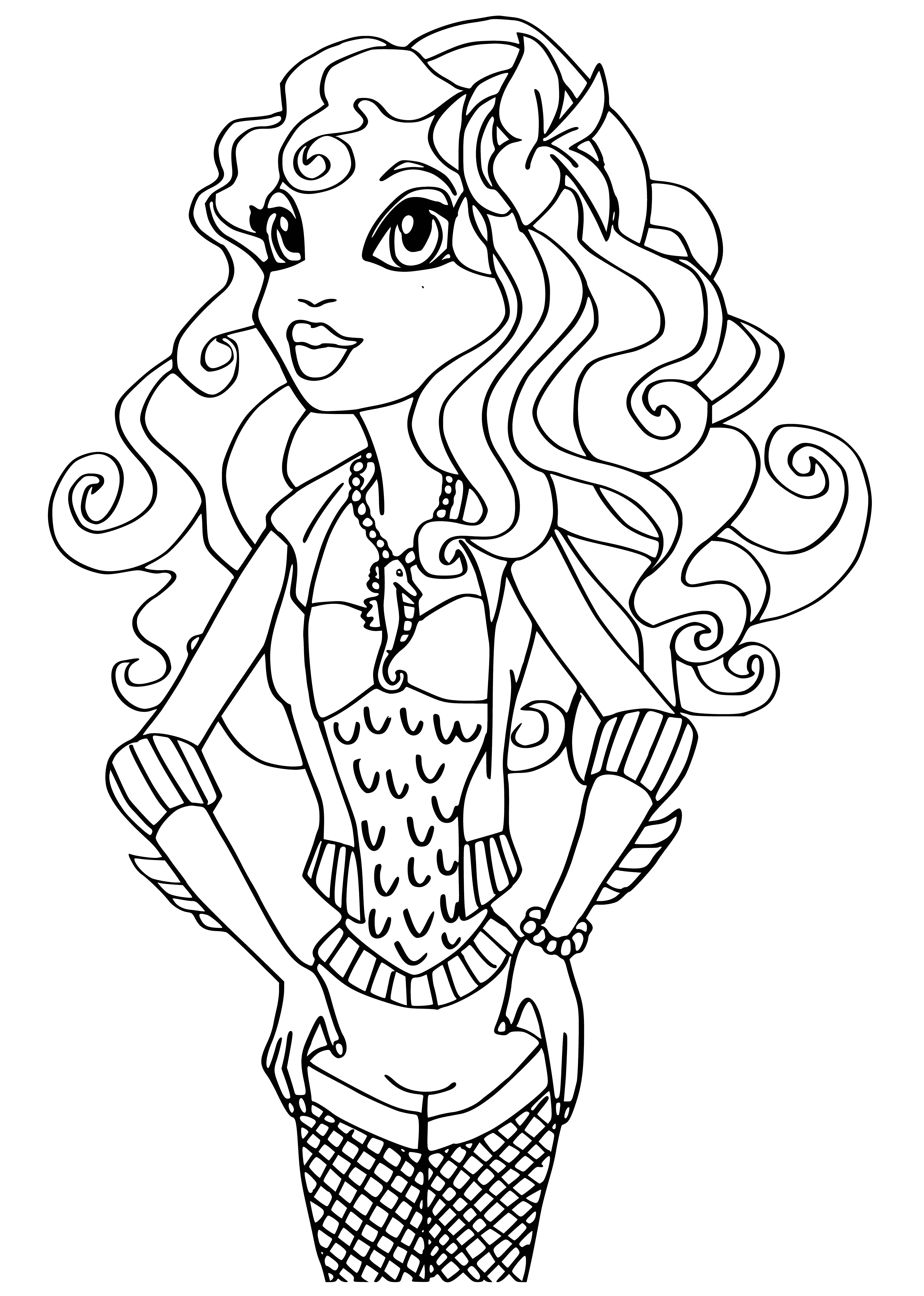 coloring page: Girl enjoys the big deep blue lagoon, ready to dive in with outstretched arms, head tilted back.