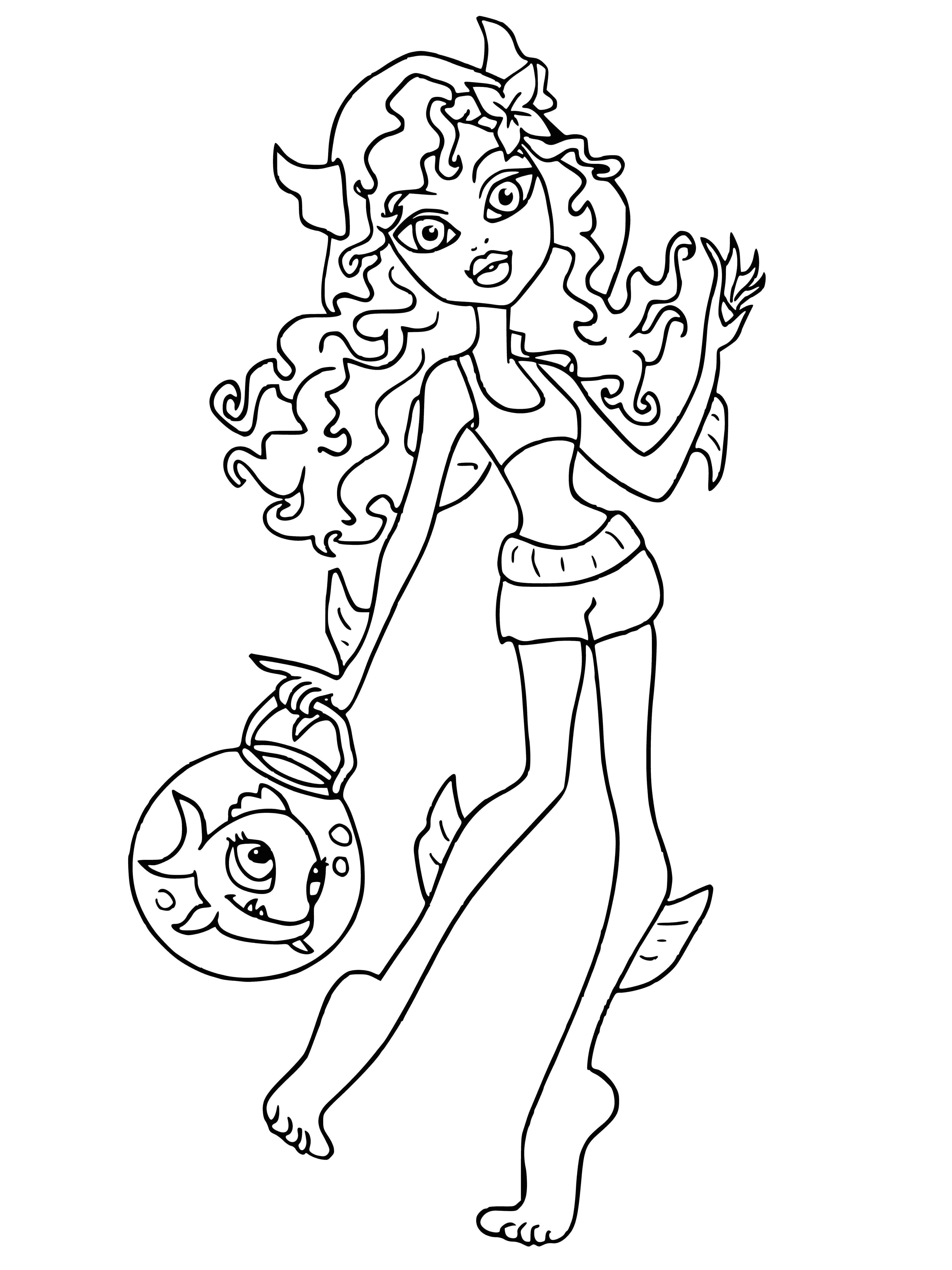 coloring page: Girl in blue bikini sits on rock in blue lagoon; behind her is a blue Neptune Piranha with blue fins and eyes. #BlueEverything #Beauty