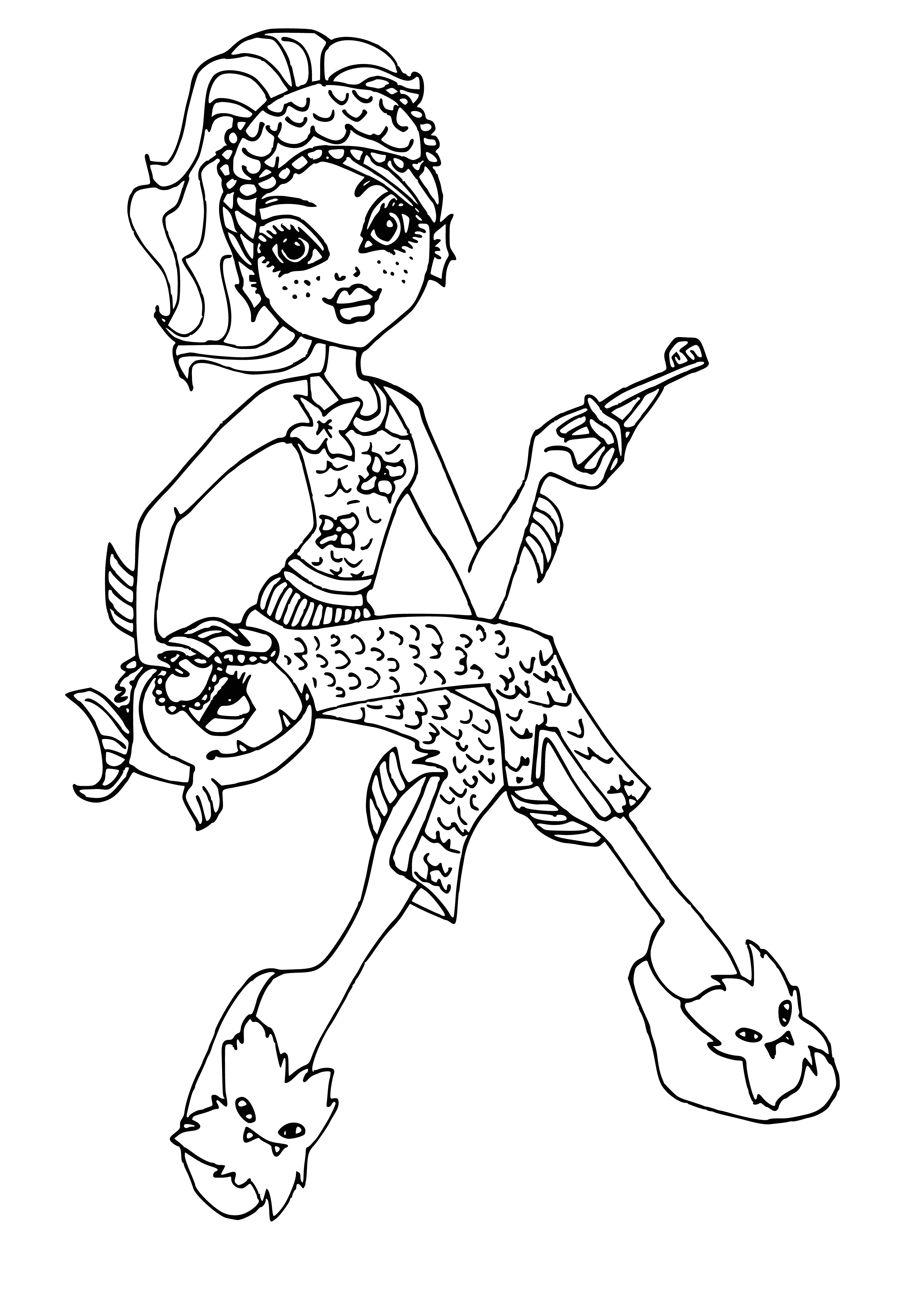 coloring page: Lagoona Blue is a teenage girl who enjoys water and the beauty of coral reefs. She wears a white bikini and skirt adorned with vibrant colors and has a pink flower in her hair.