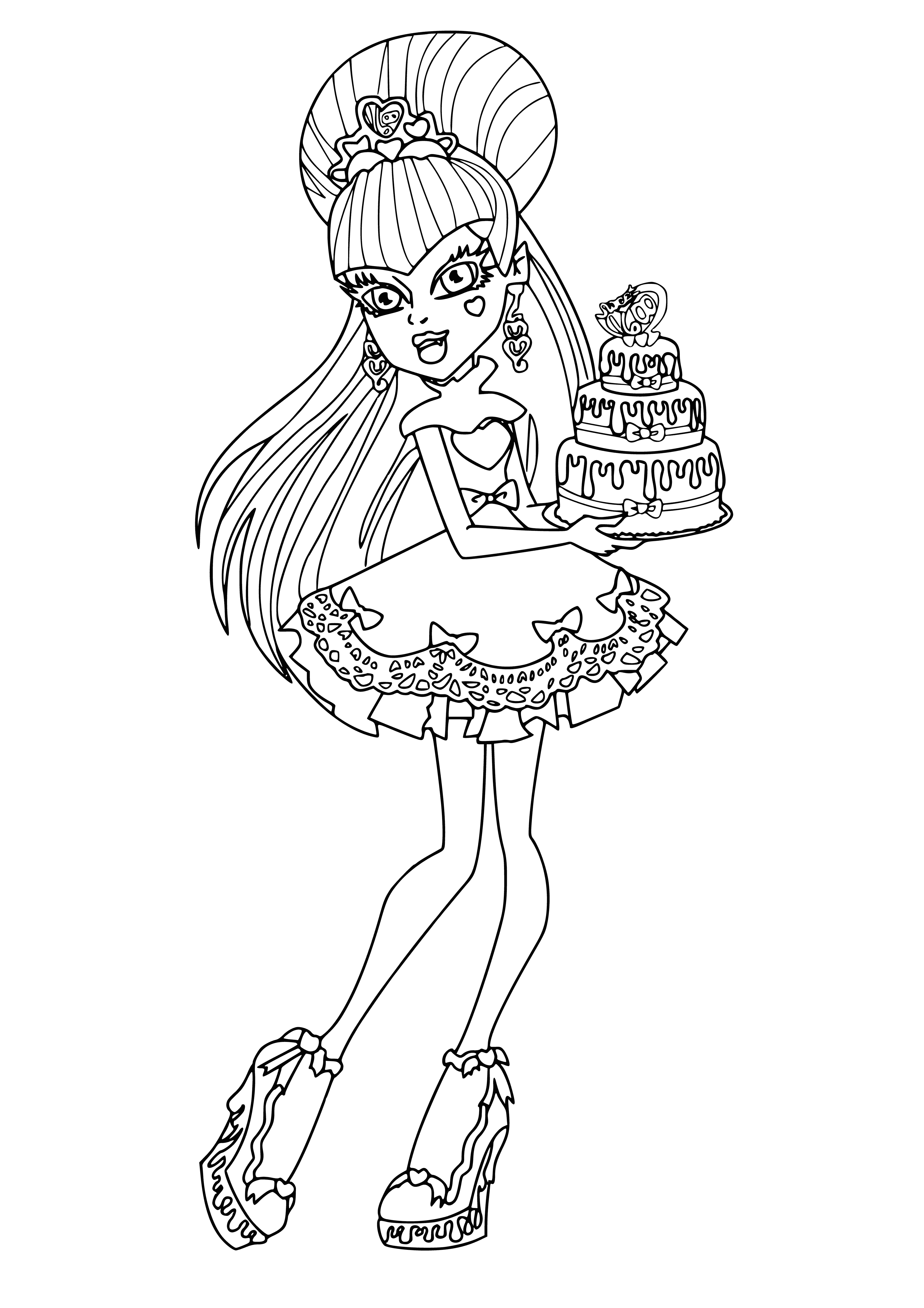 coloring page: Draculaura holds a two-tier cake decorated w/pink & white icing & a pink rose--a sweet treat for Monster High fans! #MonsterHigh