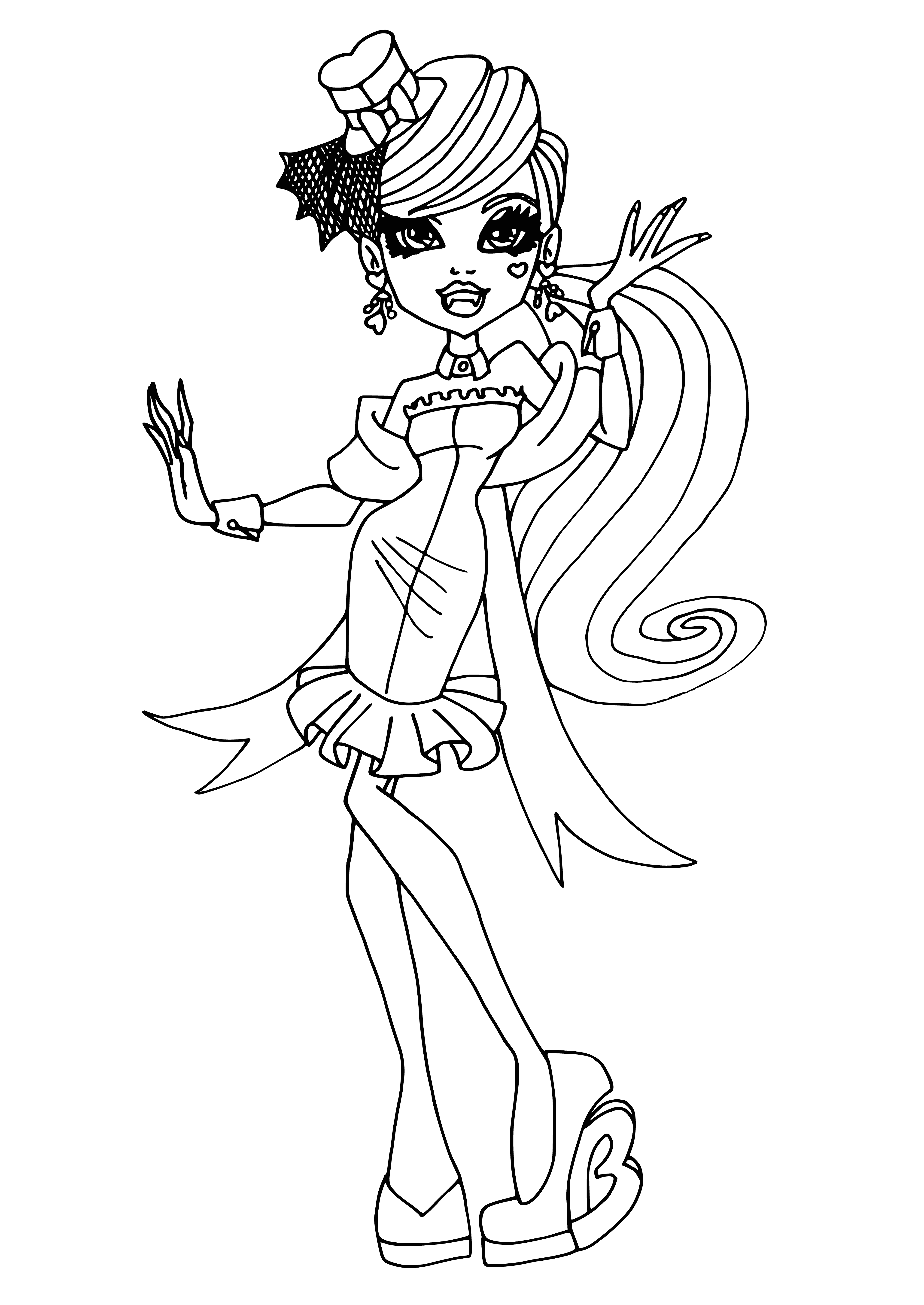 coloring page: She's a punk rocker with long black hair & a pink streak, green eyes, pale skin, & a pink & black striped shirt and boots.