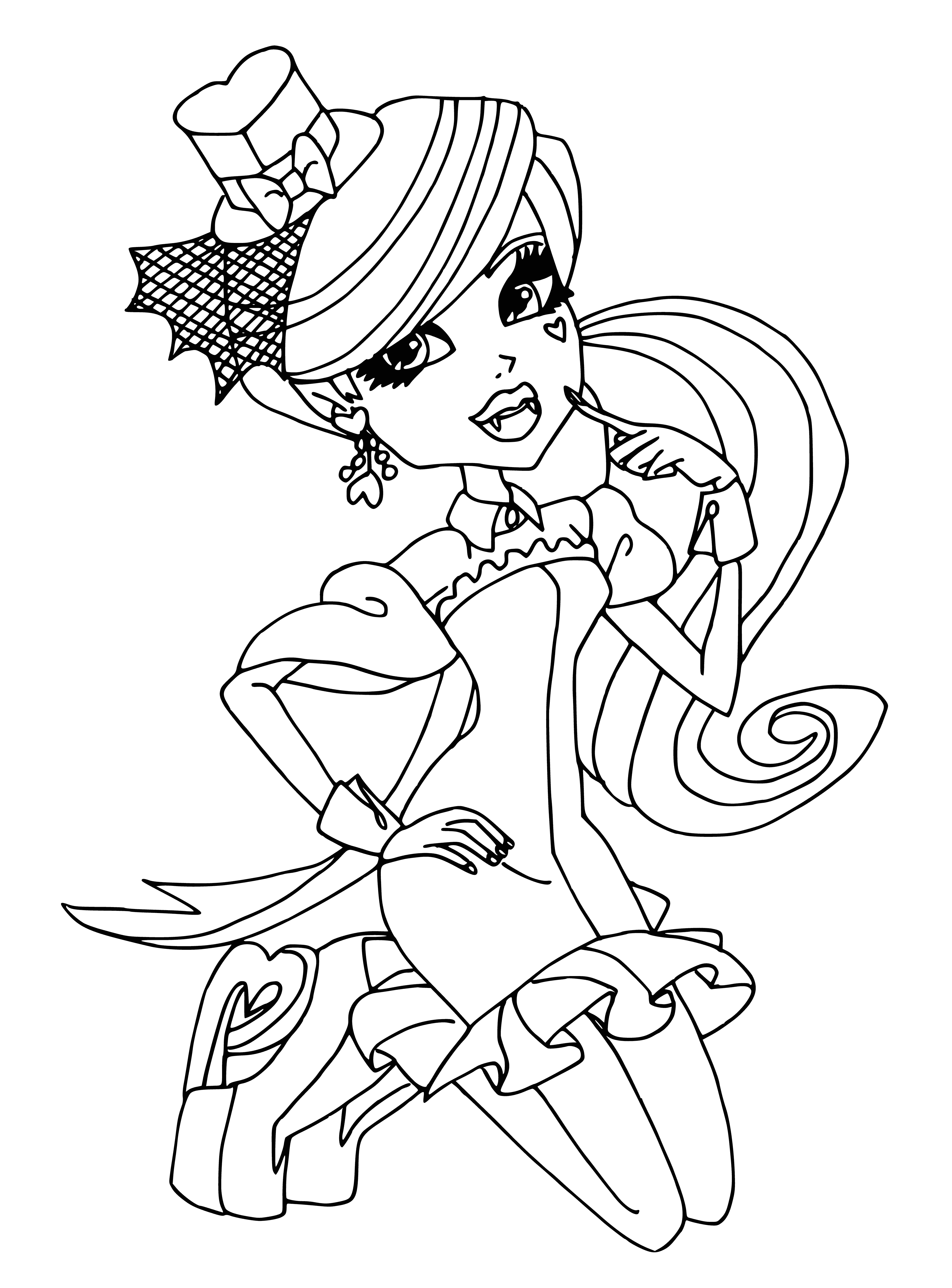 coloring page: Vampire girl in black dress, red scarf & hat, pale skin & red eyes, fangs showing.