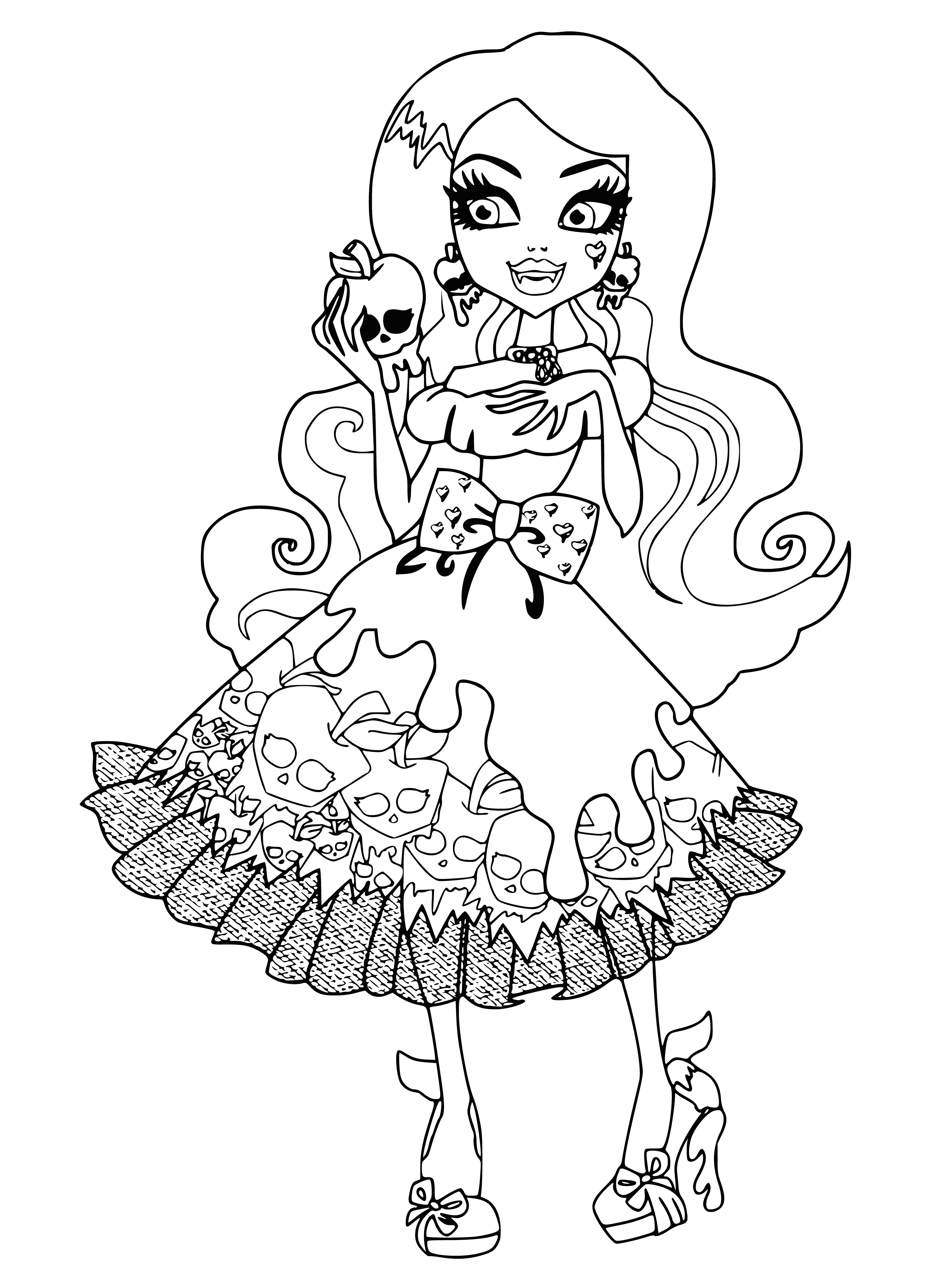 coloring page: Draculaura is smiling while holding a fork ready to enjoy her plate of food.