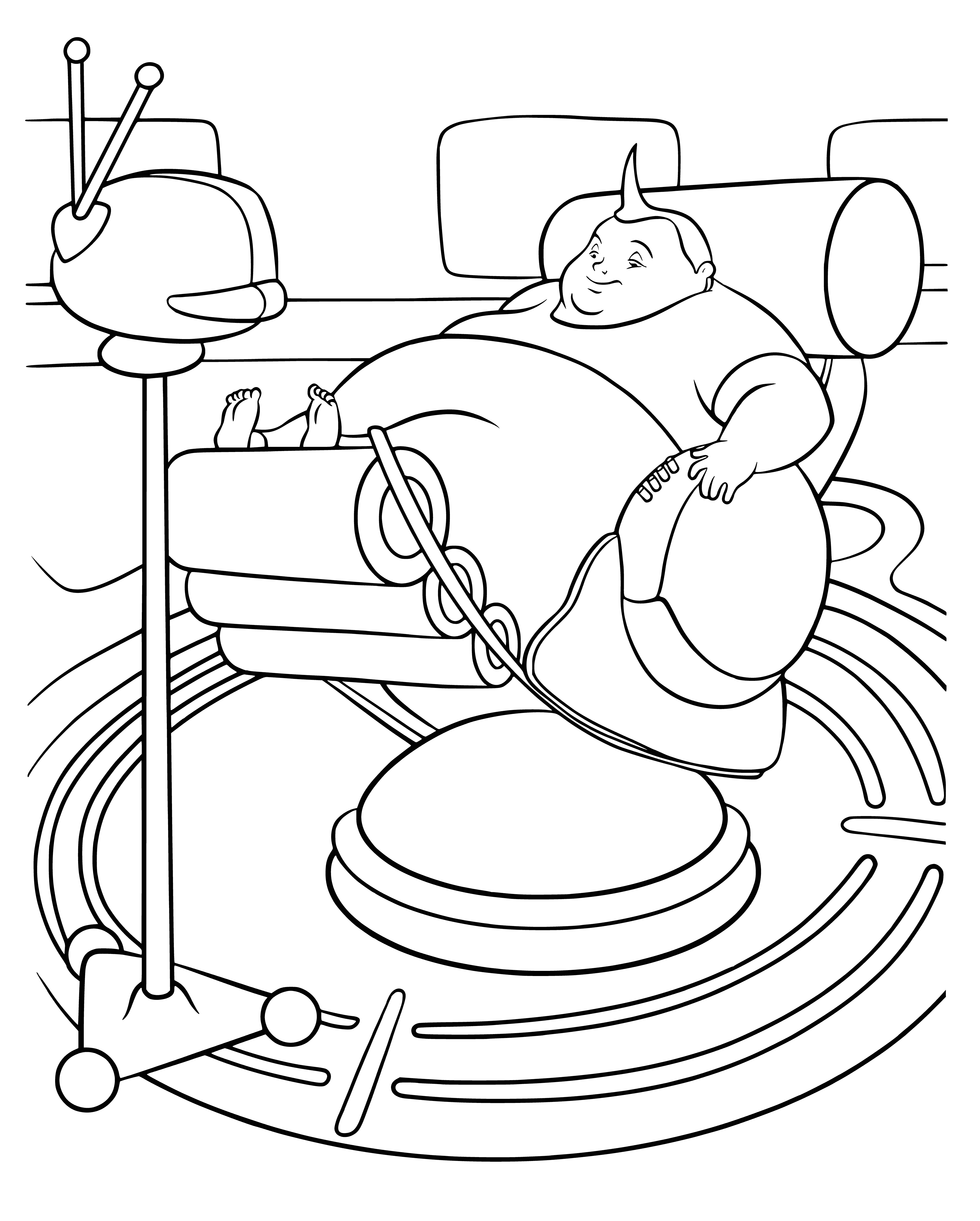 coloring page: A fat boy with a happy expression is sitting in a chair, his big belly touching the ground. #ColorMeHappy