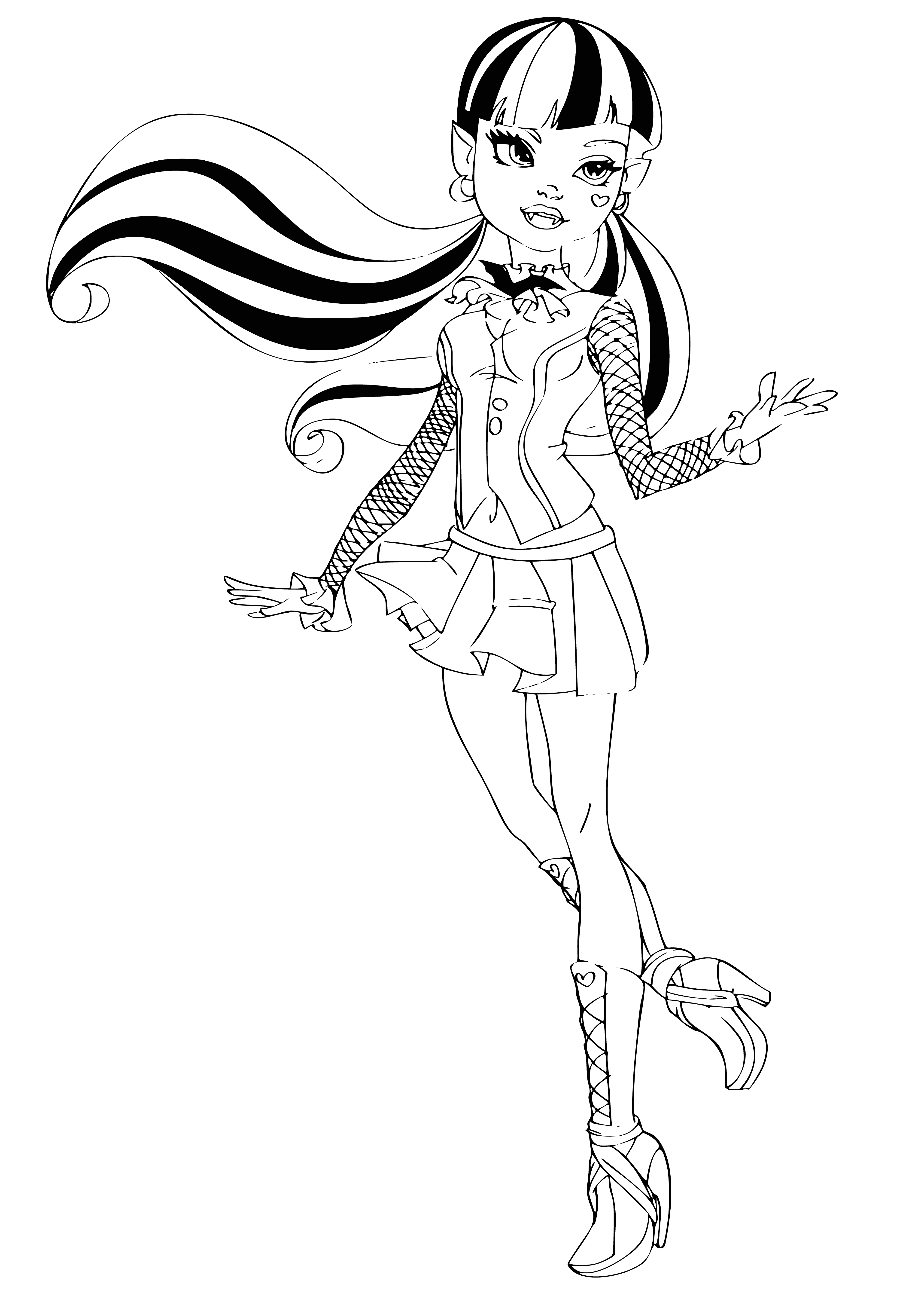 coloring page: Draculaura is a fashionable vampire who has a great sense of style & is always kind to everyone she meets.